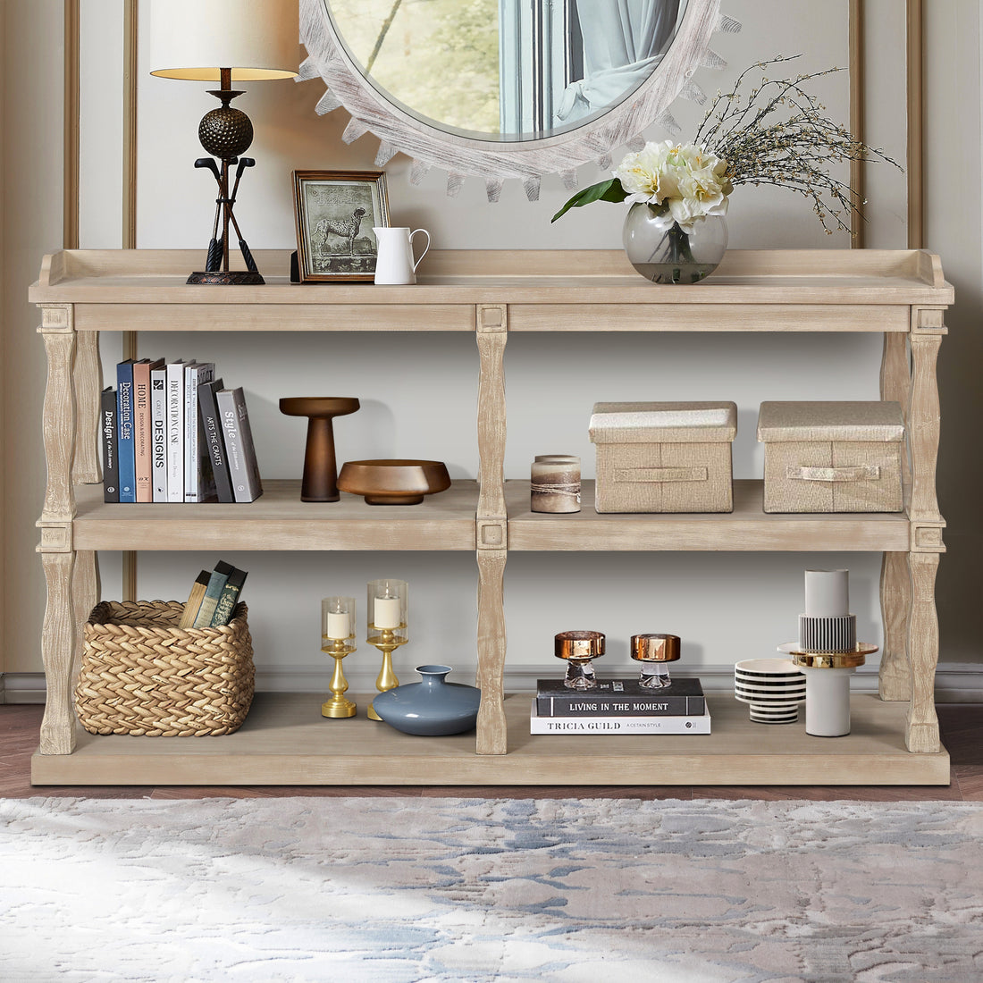 Console Table With 3 Tier Open Storage Spaces And Roman Column Effect Support Legs,Narrow Sofa Entry Table For Living Room, Entryway And Hallway Antique Wood White Antique White Gray Gray Mdf Mdf