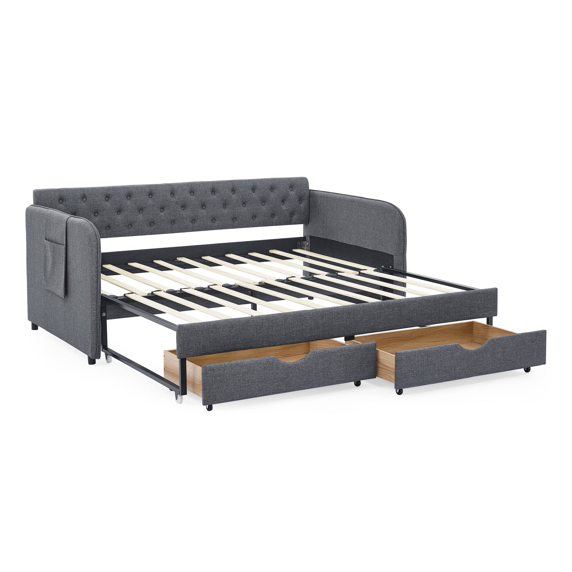 Twin Size Upholstery Daybed With Trundle Bed And Two Storage Drawersflat Arms With Pocket, Extendable Daybed For Bedroom Living Room,Linen Dark Gray Twin Dark Gray Linen