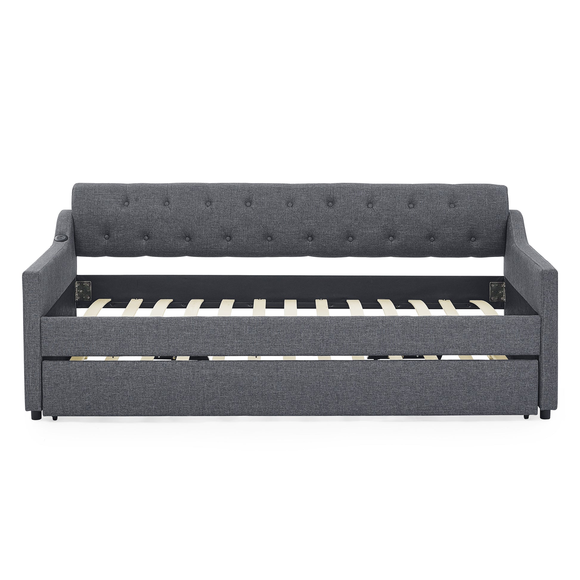 Twin Size Upholstery Daybed With Twin Size Erectable Trundle And Usb Charging Design, Linen Dark Gray Twin Dark Gray Linen