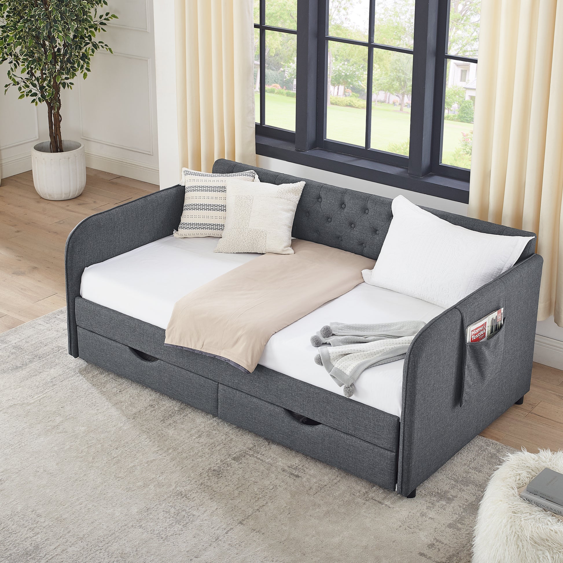 Twin Size Upholstery Daybed With Trundle Bed And Two Storage Drawersflat Arms With Pocket, Extendable Daybed For Bedroom Living Room,Linen Dark Gray Twin Dark Gray Linen