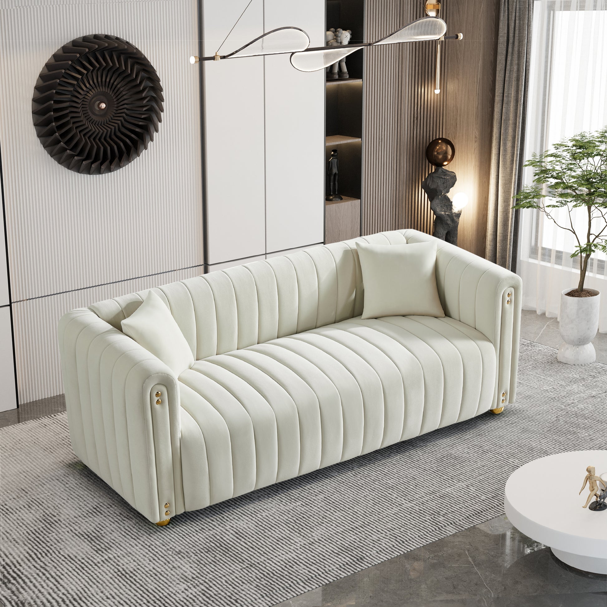 79.92" Modern Vertical Channel Tufted Velvet Sofa,Comfortable Sofa For Living Room White White Velvet 3 Seat