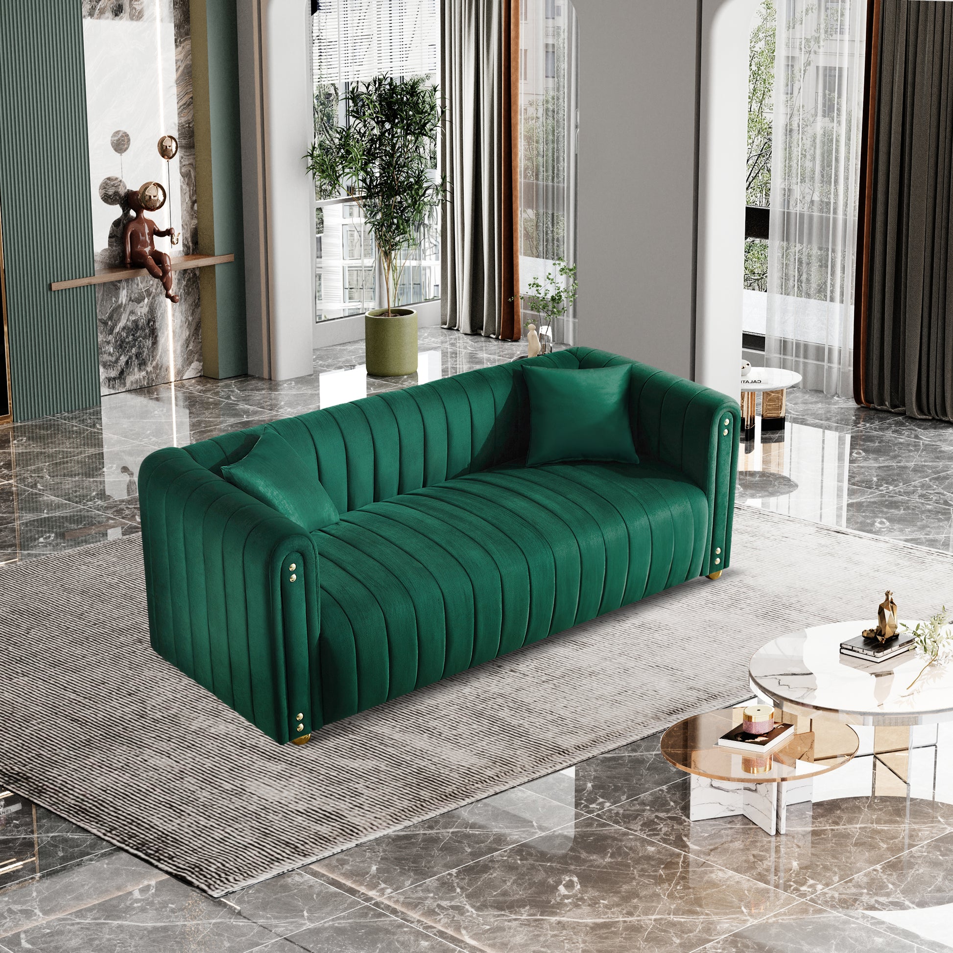 79.92" Modern Vertical Channel Tufted Velvet Sofa,Comfortable Sofa For Living Room Green Green Velvet 3 Seat