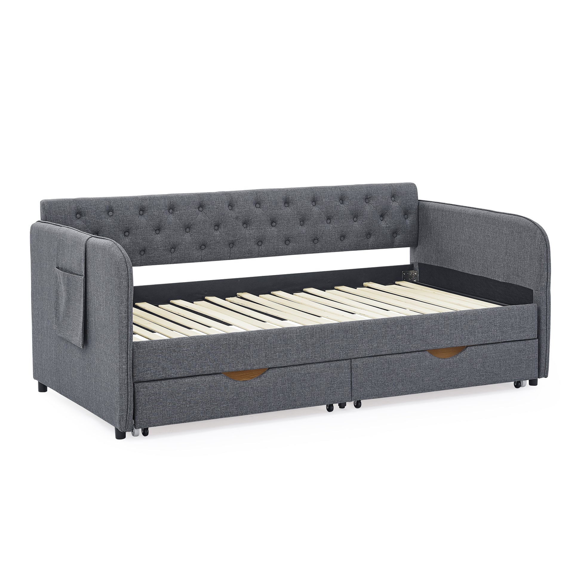 Twin Size Upholstery Daybed With Trundle Bed And Two Storage Drawersflat Arms With Pocket, Extendable Daybed For Bedroom Living Room,Linen Dark Gray Twin Dark Gray Linen