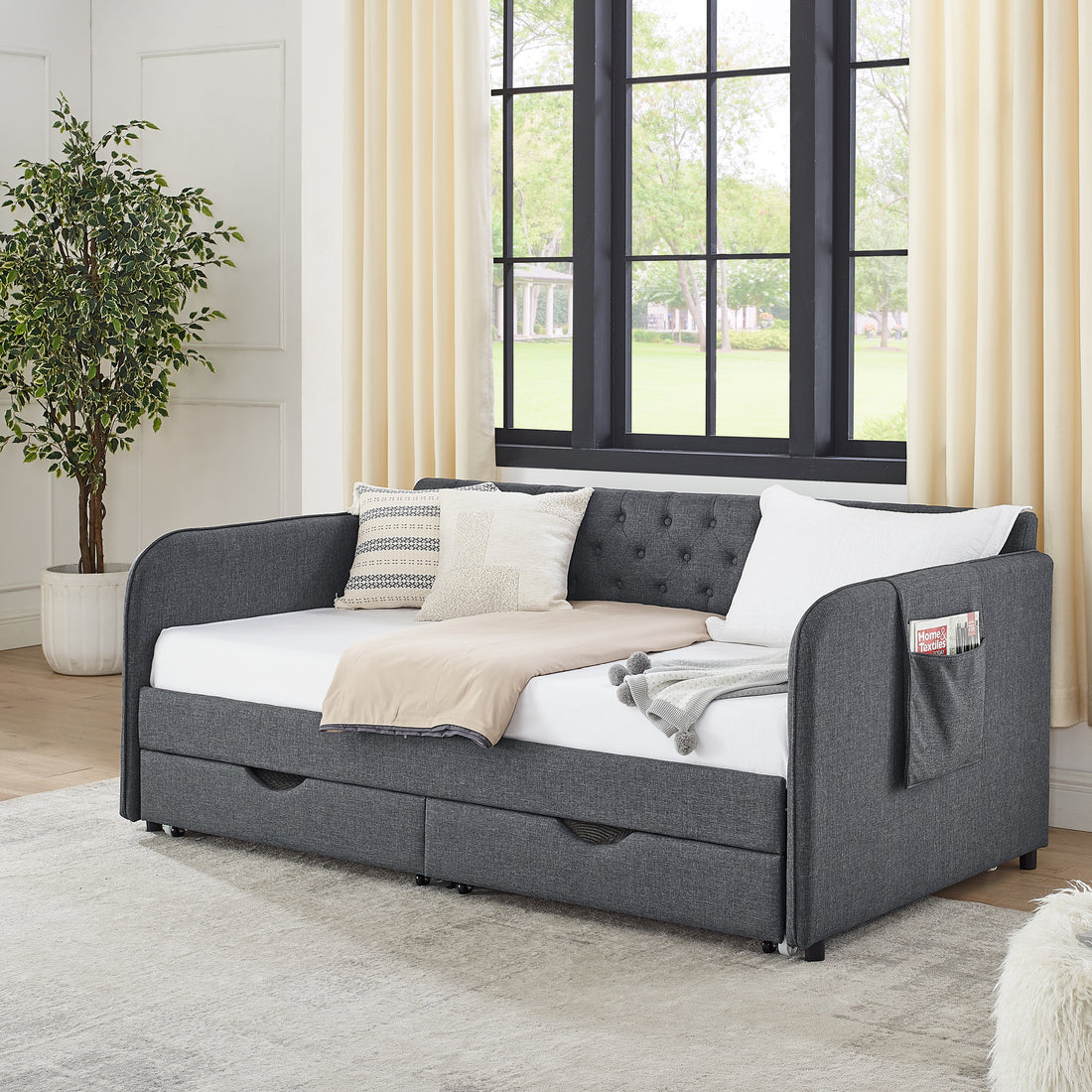 Twin Size Upholstery Daybed With Trundle Bed And Two Storage Drawersflat Arms With Pocket, Extendable Daybed For Bedroom Living Room,Linen Dark Gray Twin Dark Gray Linen
