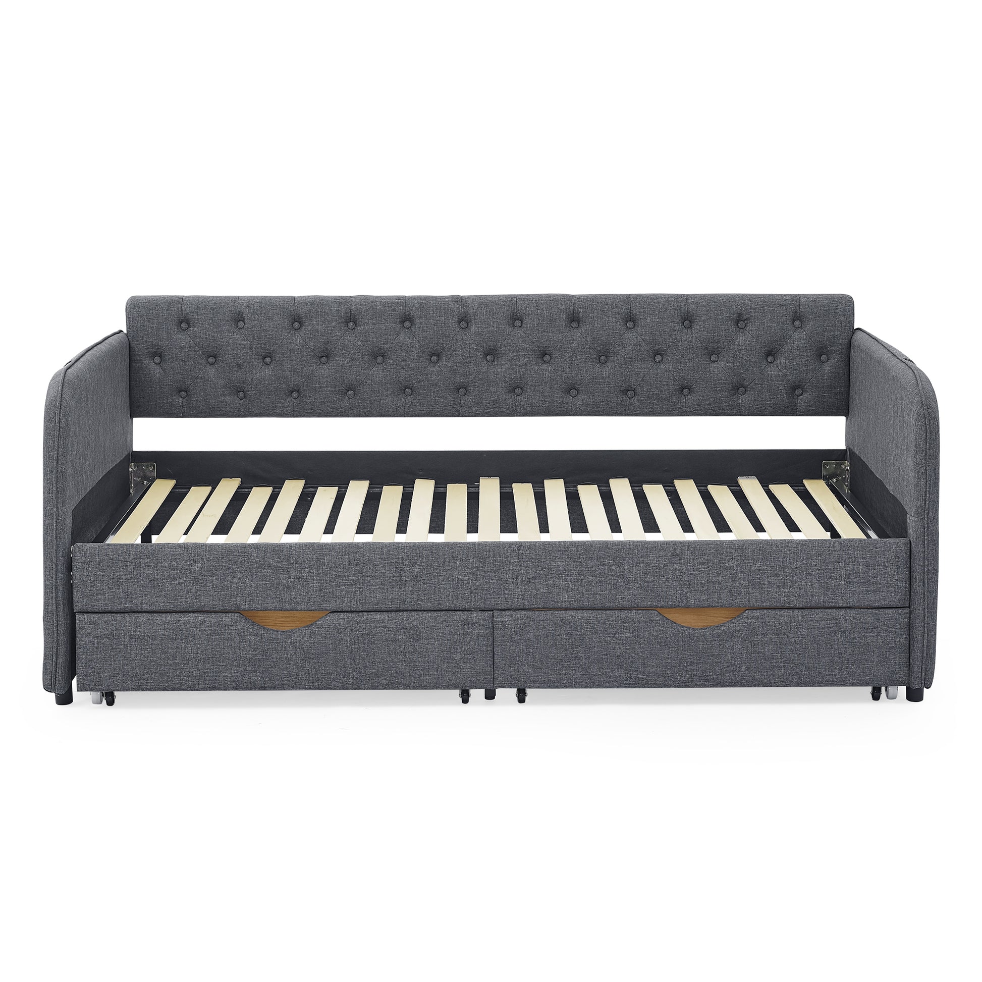 Twin Size Upholstery Daybed With Trundle Bed And Two Storage Drawersflat Arms With Pocket, Extendable Daybed For Bedroom Living Room,Linen Dark Gray Twin Dark Gray Linen