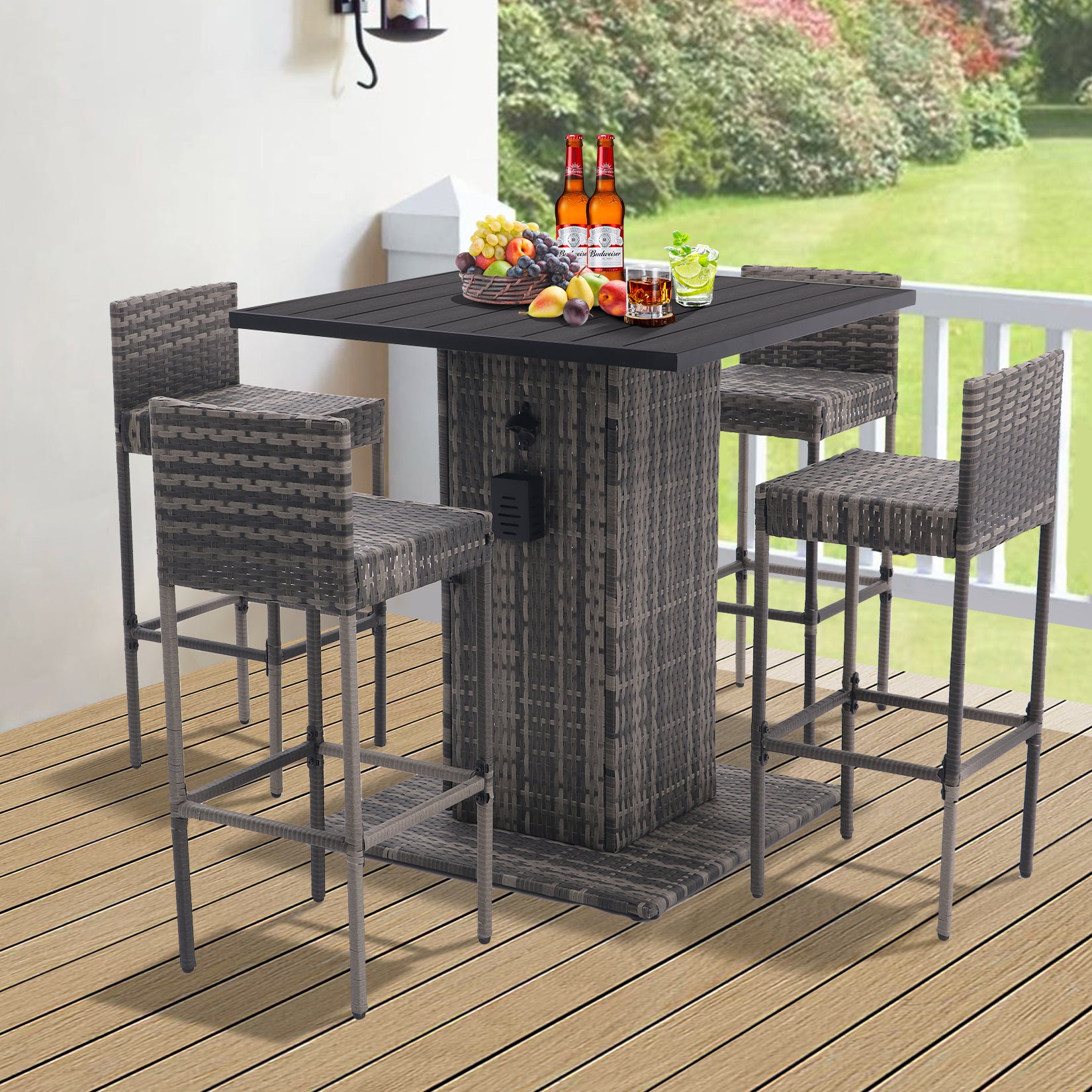 5 Piece Outdoor Conversation Bar Set,All Weather Pe Rattan And Steel Frame Patio Furniture With Metal Tabletop And Stools For Patios, Backyards, Porches, Gardens, Poolside Gray Gradient No Gray Rattan Metal