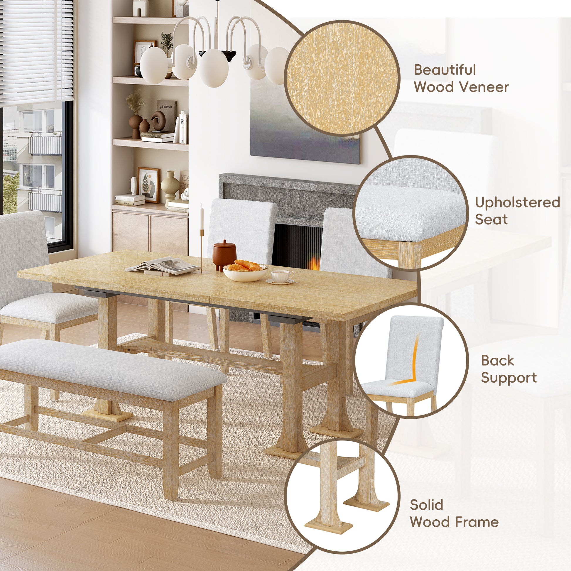 Farmhouse 76Inch 6 Piece Extendable Dining Table Set Trestle Kitchen Table Set With 18Inch Removable Leaf And Upholstered Dining Chair And Bench For Dining Room, Natural Wood Dining Room Extendable Rubberwood Rectangular Dining Table With Chair And Bench