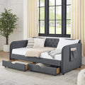 Twin Size Upholstery Daybed With Trundle Bed And Two Storage Drawersflat Arms With Pocket, Extendable Daybed For Bedroom Living Room,Linen Dark Gray Twin Dark Gray Linen