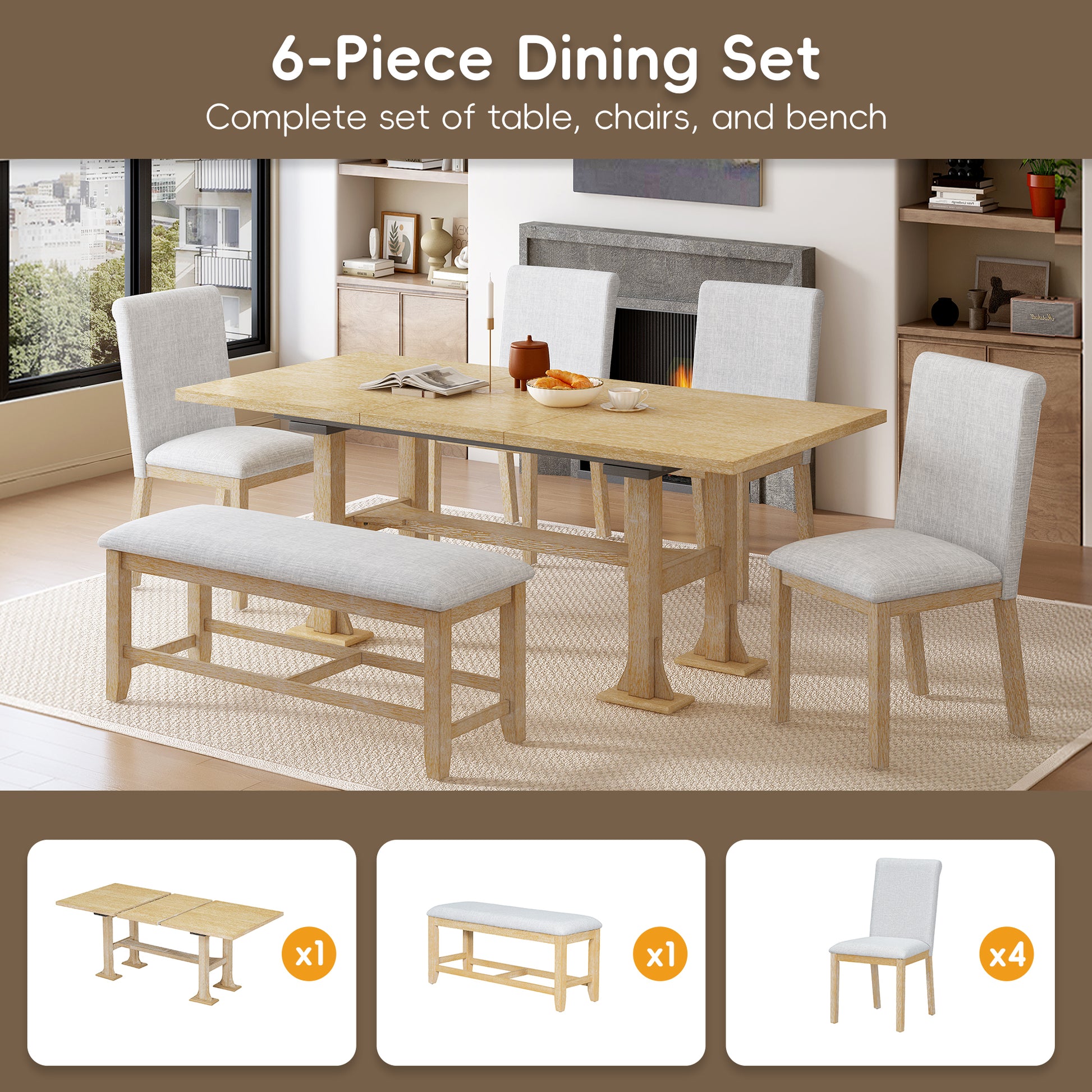 Farmhouse 76Inch 6 Piece Extendable Dining Table Set Trestle Kitchen Table Set With 18Inch Removable Leaf And Upholstered Dining Chair And Bench For Dining Room, Natural Wood Dining Room Extendable Rubberwood Rectangular Dining Table With Chair And Bench