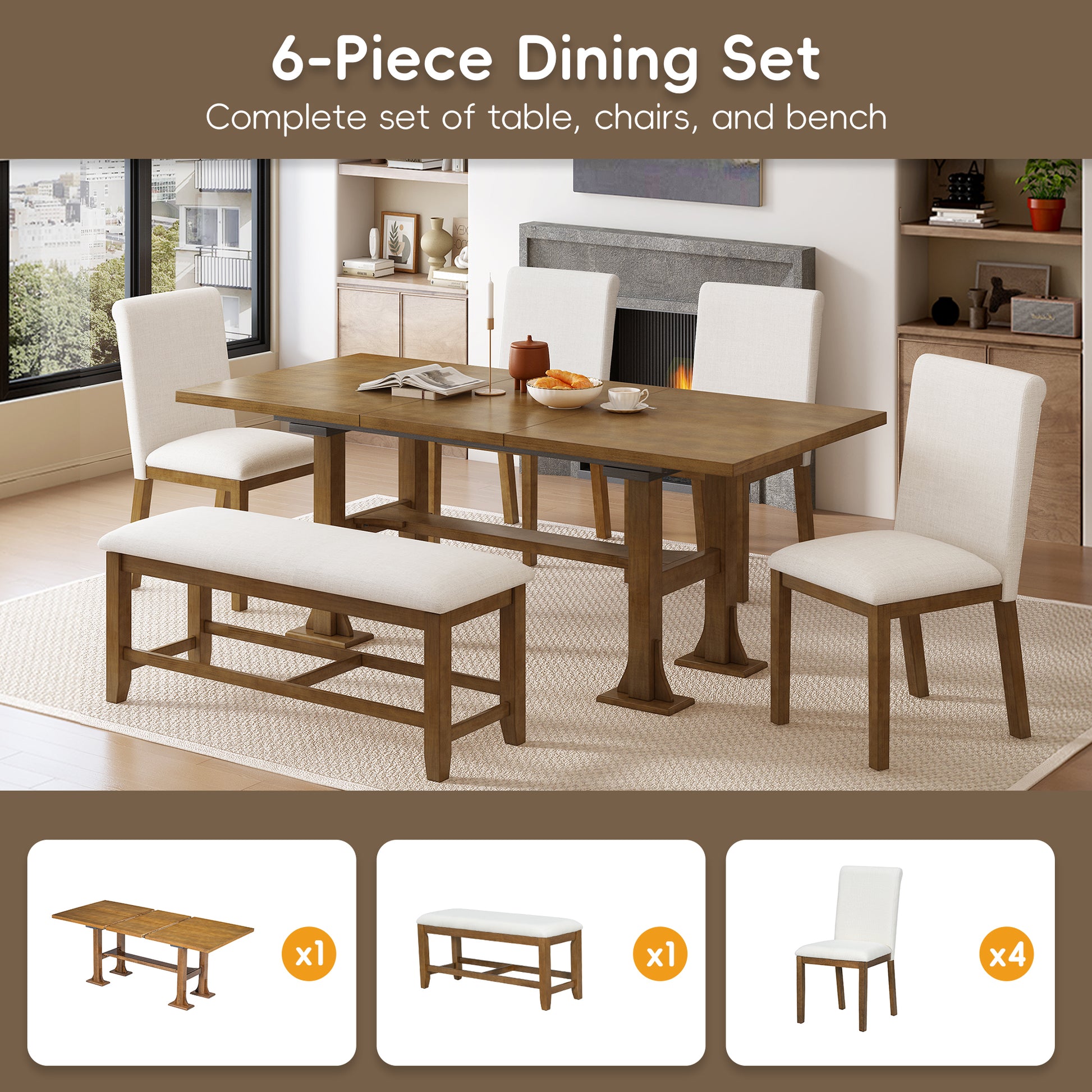 Farmhouse 76Inch 6 Piece Extendable Dining Table Set Trestle Kitchen Table Set With 18Inch Removable Leaf And Upholstered Dining Chair And Bench For Dining Room, Dark Brown Wood Dining Room Extendable Rubberwood Rectangular Dining Table With Chair And