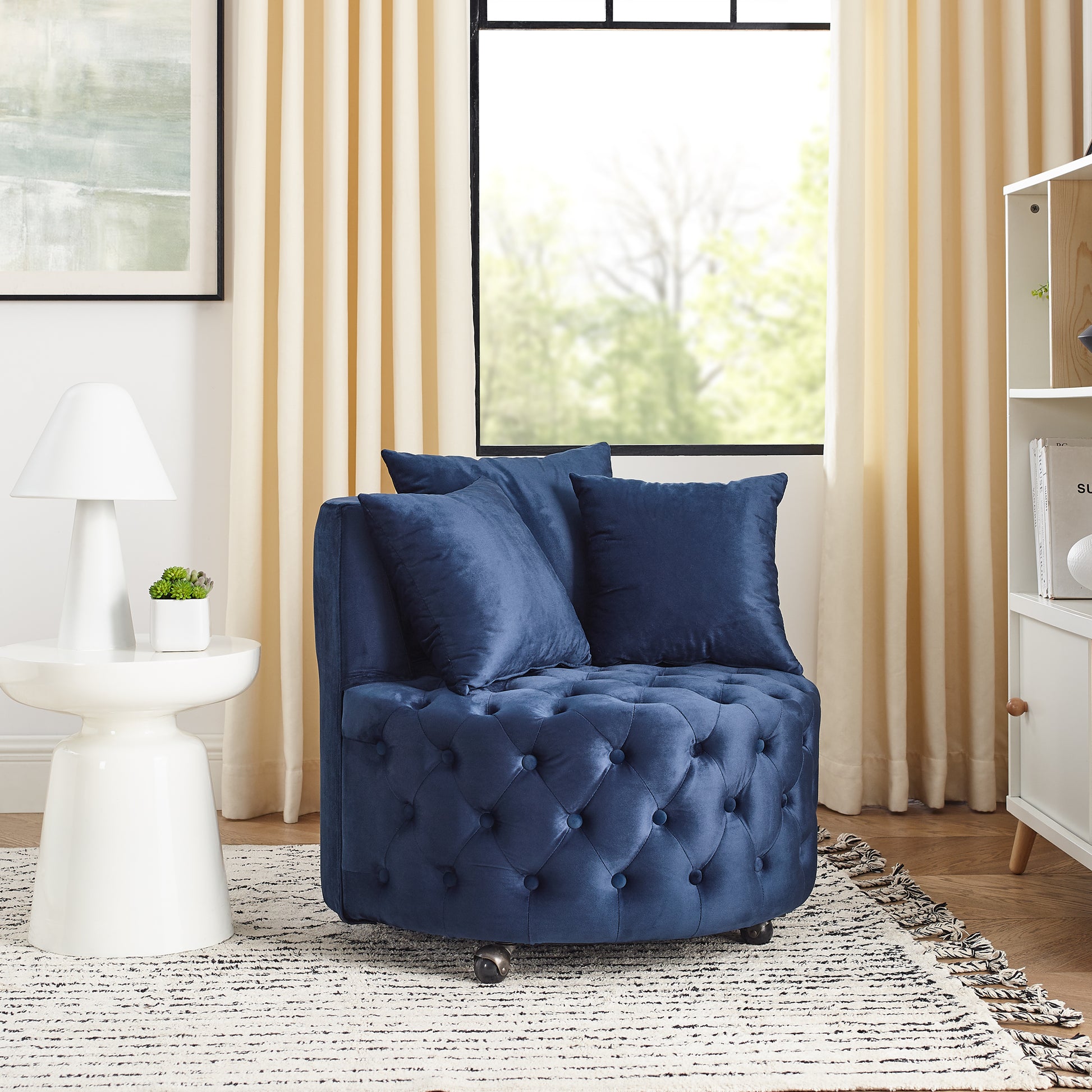 Velvet Upholstered Swivel Chair For Living Room, With Button Tufted Design And Movable Wheels, Including 3 Pillows, Blue Blue Foam