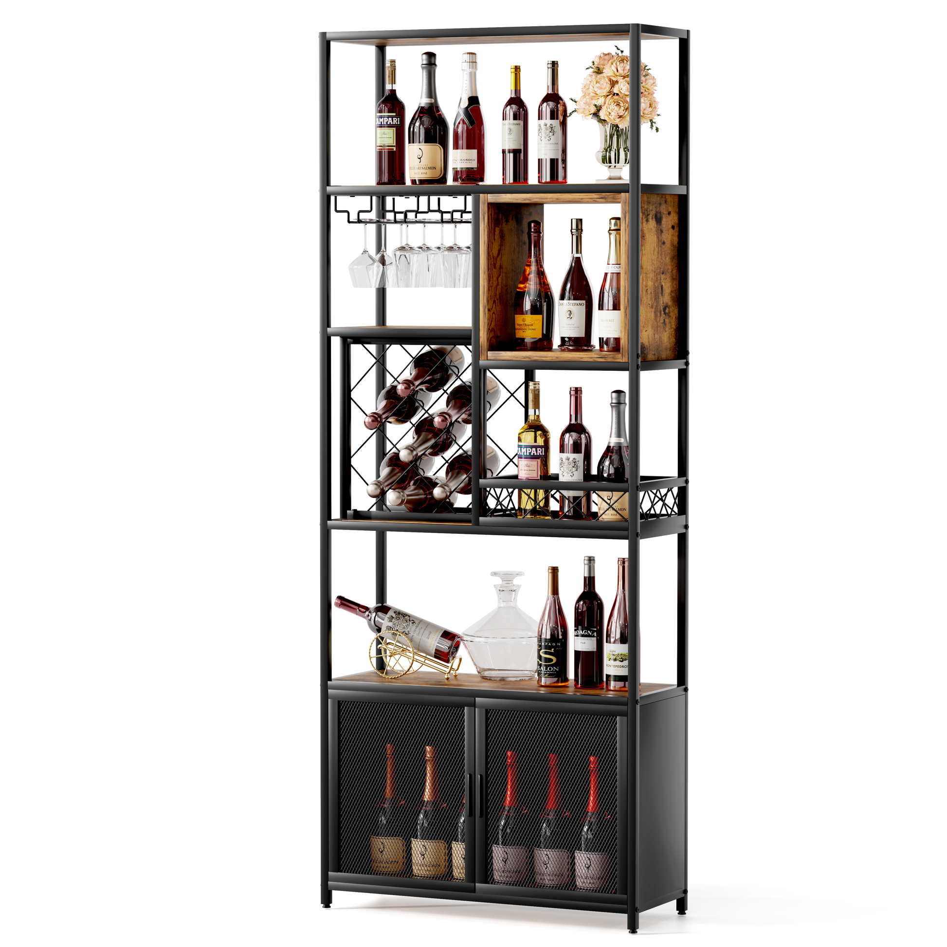 82.7" Industrial Tall Black Bar Wine Rack Cabinet With Glass Holder Wood Home Bar Cabinet Walnut Black Dining Room Industrial Mdf Metal