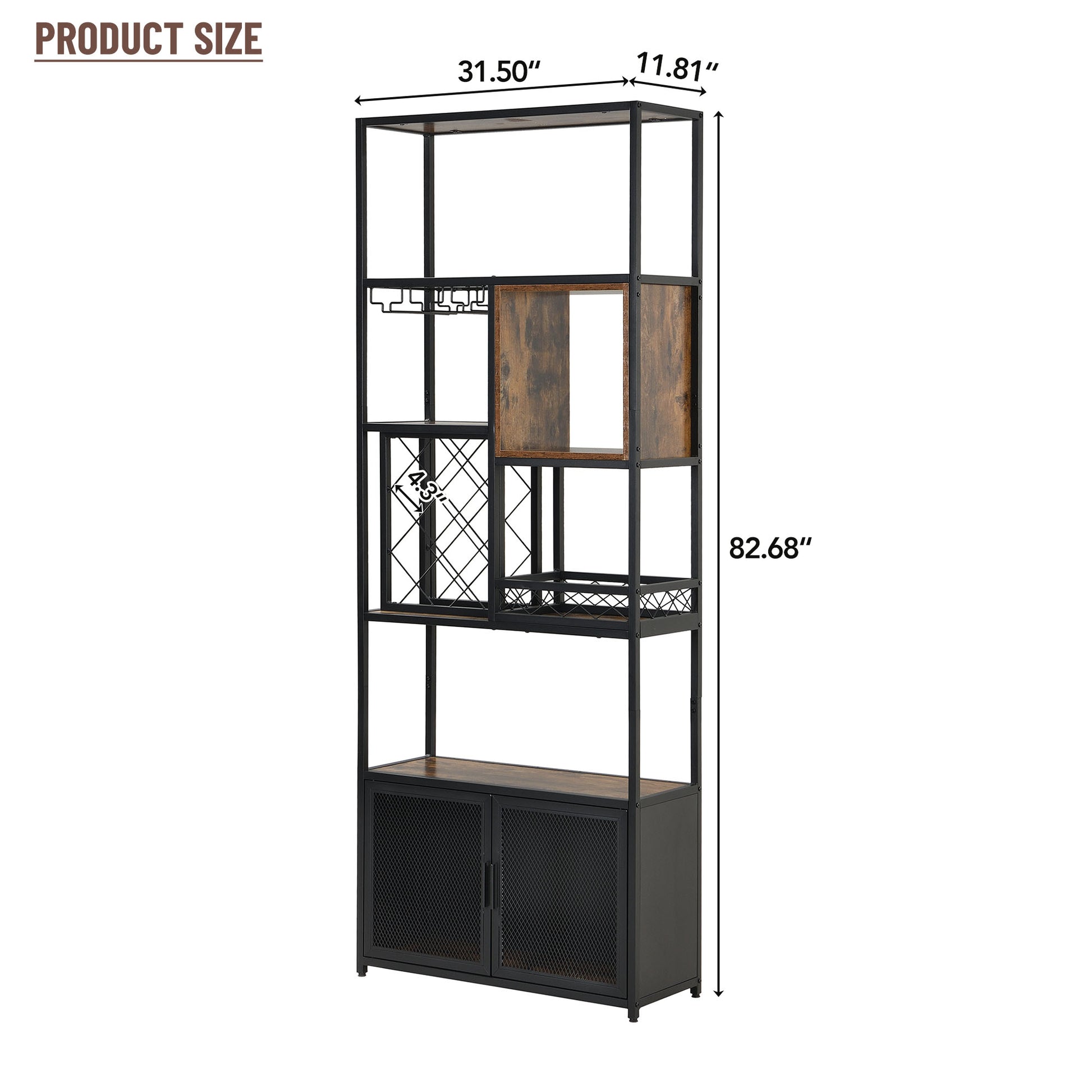 82.7" Industrial Tall Black Bar Wine Rack Cabinet With Glass Holder Wood Home Bar Cabinet Walnut Black Dining Room Industrial Mdf Metal