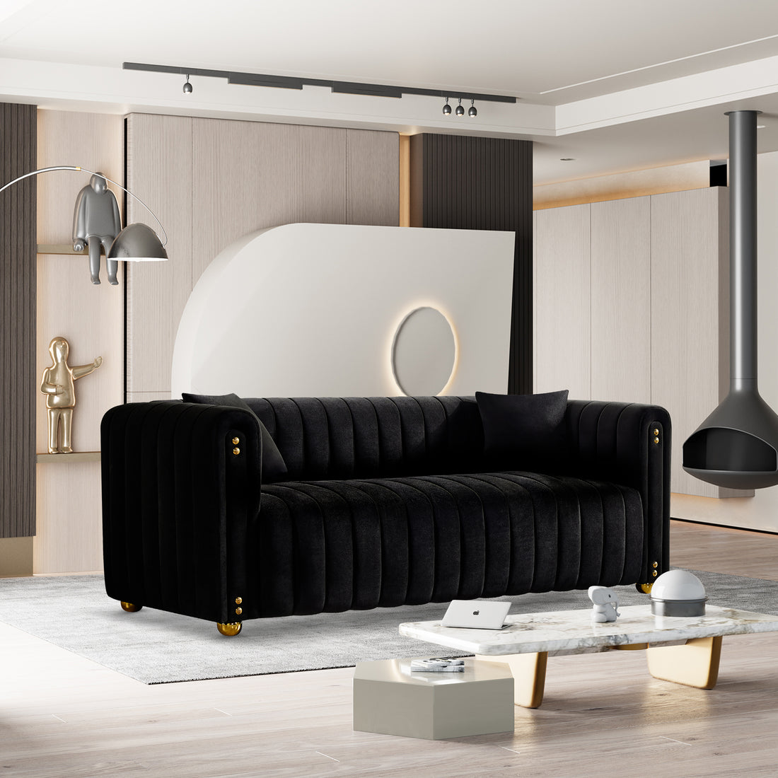 79.92" Modern Vertical Channel Tufted Velvet Sofa,Comfortable Sofa For Living Room Black Black Velvet 3 Seat