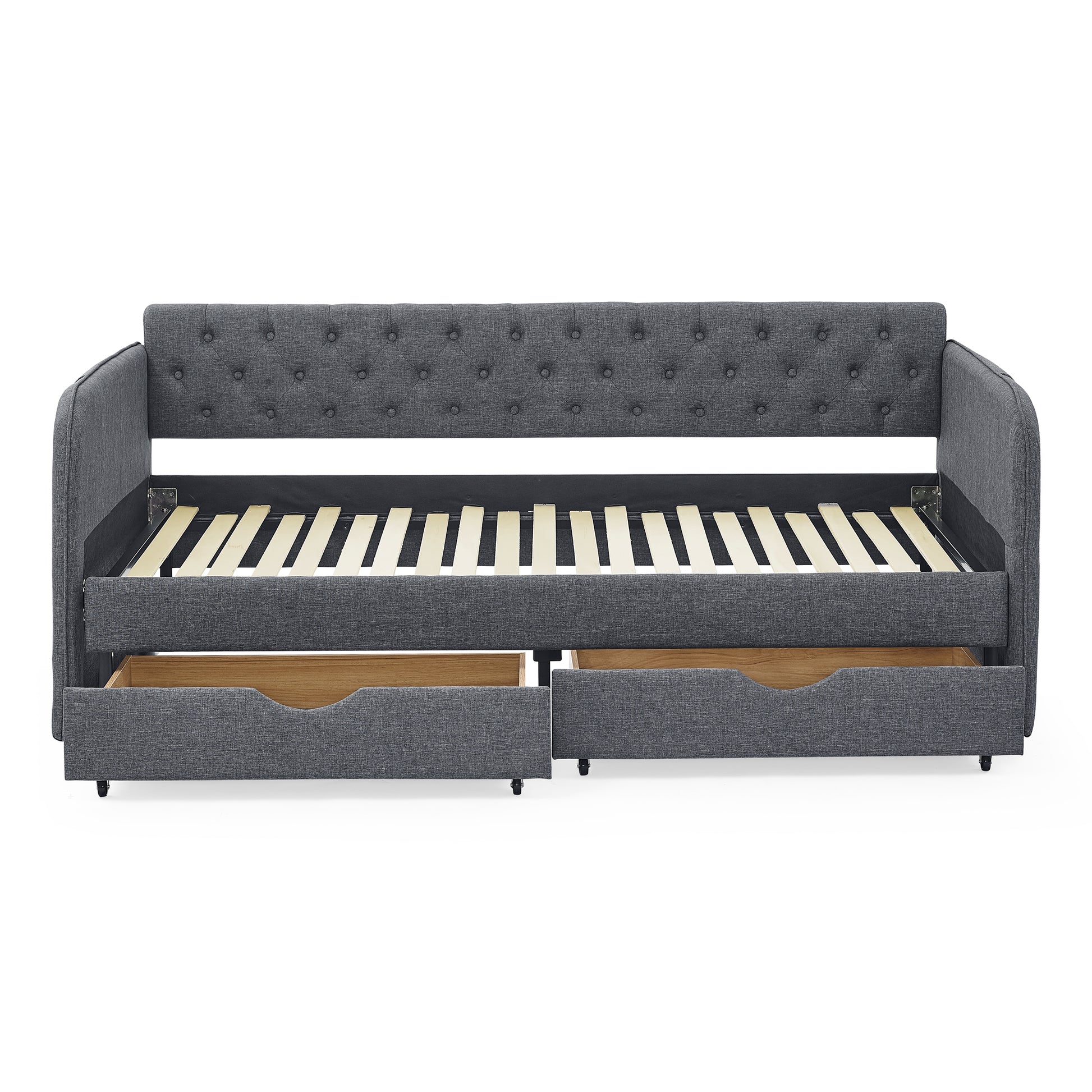 Twin Size Upholstery Daybed With Trundle Bed And Two Storage Drawersflat Arms With Pocket, Extendable Daybed For Bedroom Living Room,Linen Dark Gray Twin Dark Gray Linen