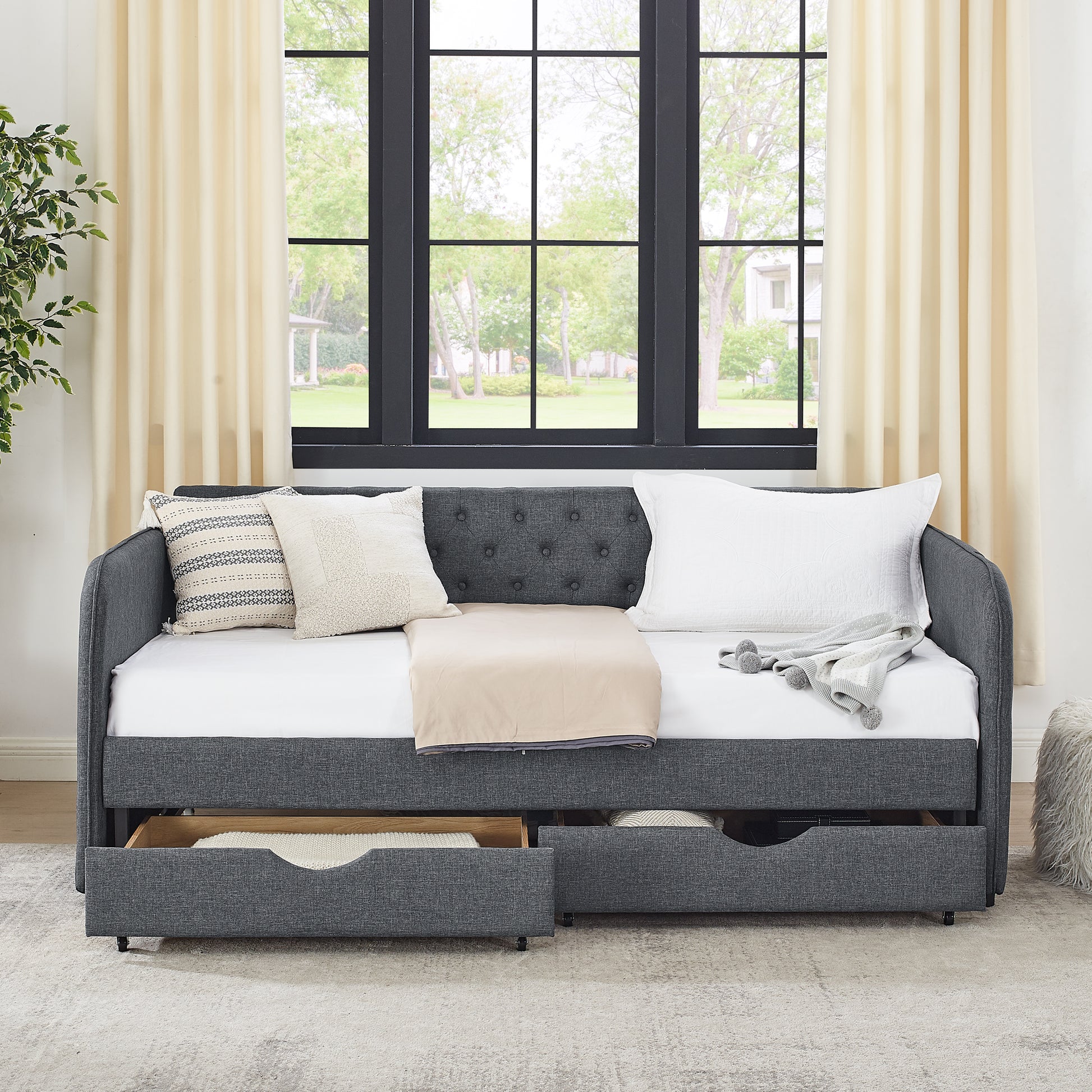 Twin Size Upholstery Daybed With Trundle Bed And Two Storage Drawersflat Arms With Pocket, Extendable Daybed For Bedroom Living Room,Linen Dark Gray Twin Dark Gray Linen