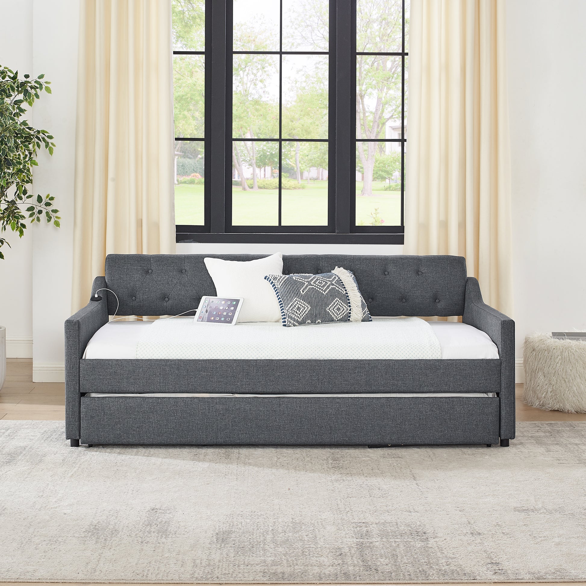 Twin Size Upholstery Daybed With Twin Size Erectable Trundle And Usb Charging Design, Linen Dark Gray Twin Dark Gray Linen