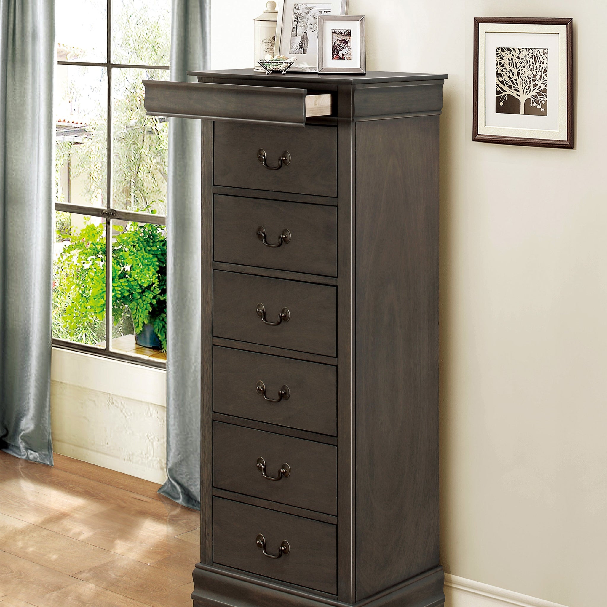 Traditional Design Louis Phillippe Style 1Pc Lingerie Chest Of 7X Drawers Gray Finish Hidden Drawers Wooden Furniture Gray Bedroom Traditional Wood