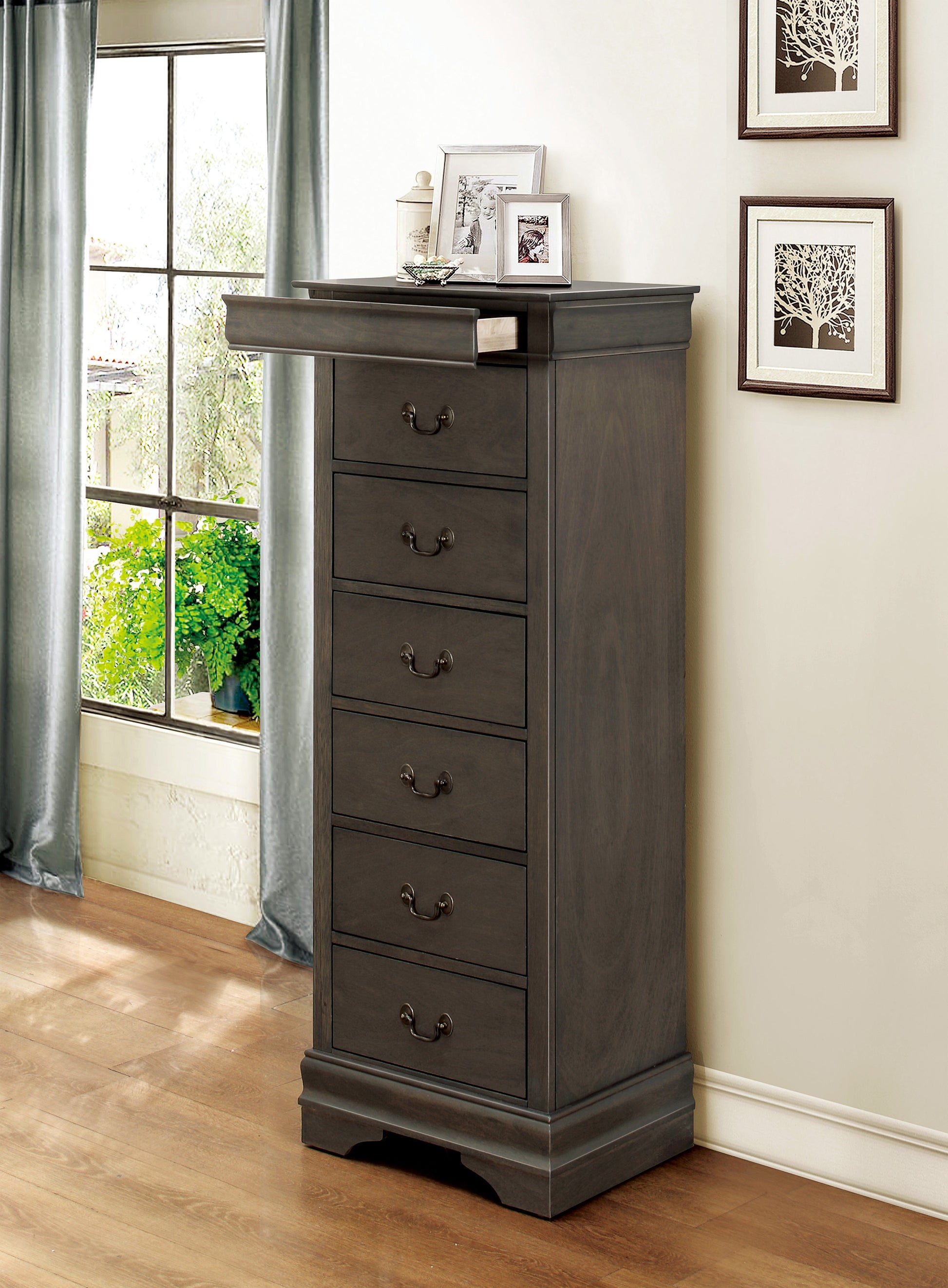 Traditional Design Louis Phillippe Style 1Pc Lingerie Chest Of 7X Drawers Gray Finish Hidden Drawers Wooden Furniture Gray Bedroom Traditional Wood