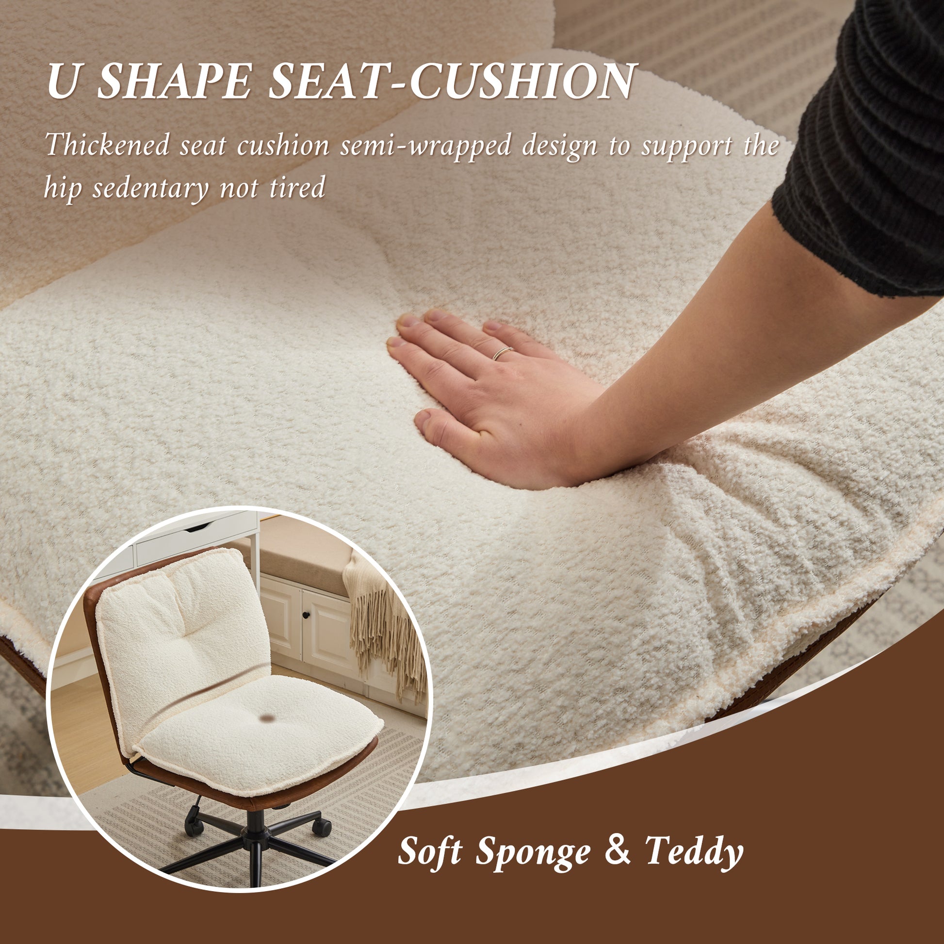 Oversize Seat Cirss Cross Chair With Wheels, Elegant Design Computer Chair, Adjustable Height 360 Rolling Swivel Home Office Chair For Small Space, Dressing Room, Living Room Brown White Dark Brown White Primary Living Space Casual Foam Pu Leather