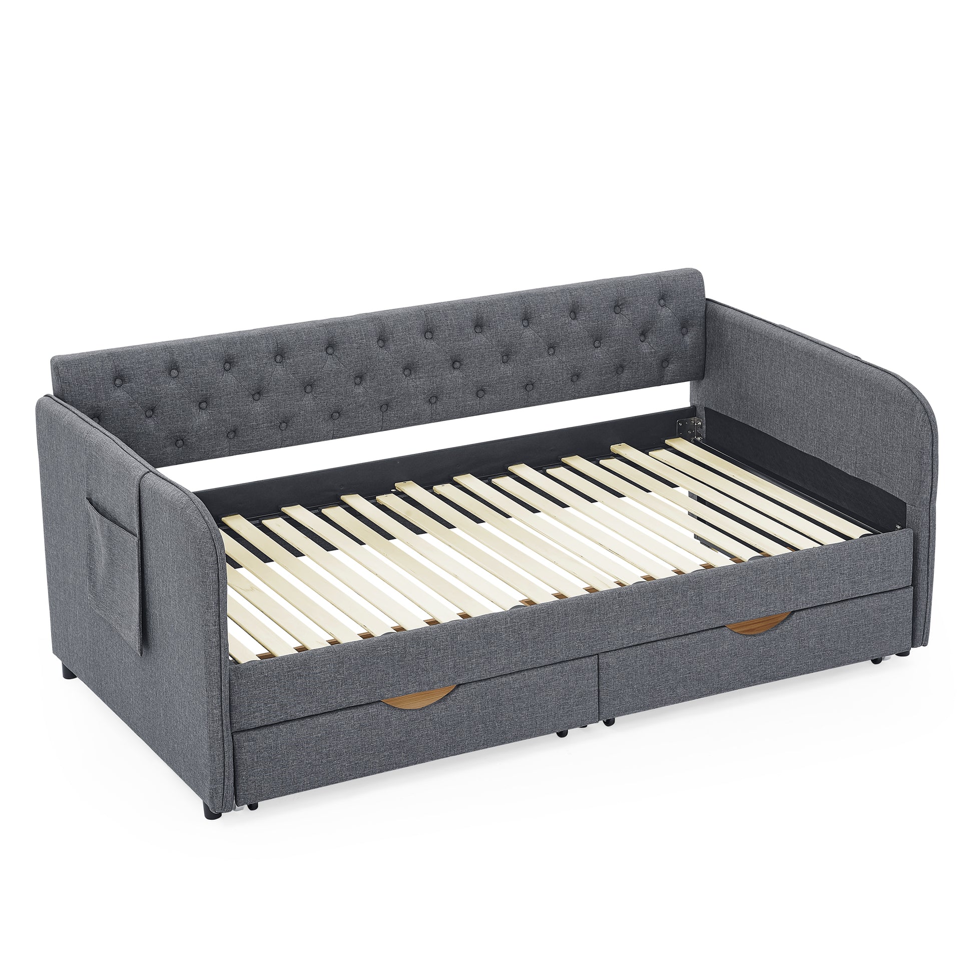 Twin Size Upholstery Daybed With Trundle Bed And Two Storage Drawersflat Arms With Pocket, Extendable Daybed For Bedroom Living Room,Linen Dark Gray Twin Dark Gray Linen