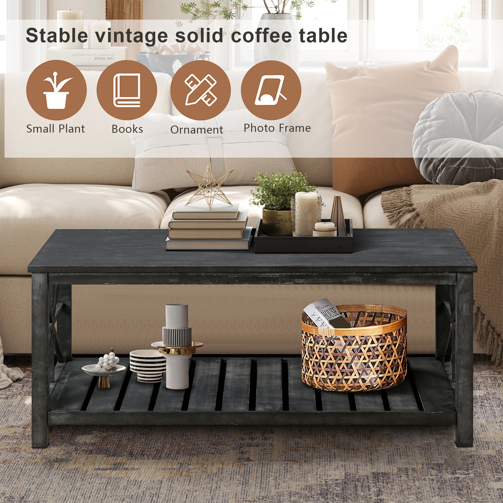 47 Inch Modern Coffee Table With Storage Shelf, Farmhouse Rectangle Living Room Center Table For Small Spaces,Easy Assembly Antique Black Antique Black Ergonomic Primary Living Space American Design Floor Mount Open Storage Coffee & End Tables