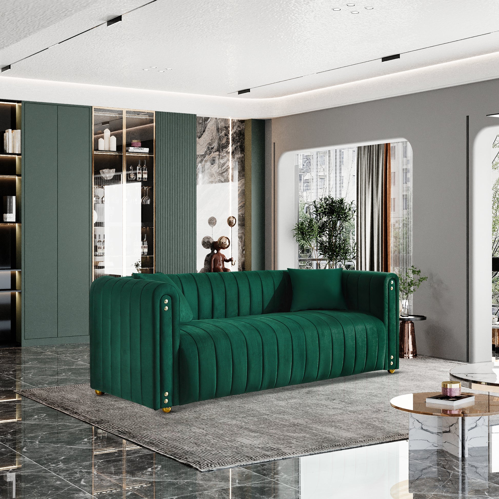 79.92" Modern Vertical Channel Tufted Velvet Sofa,Comfortable Sofa For Living Room Green Green Velvet 3 Seat