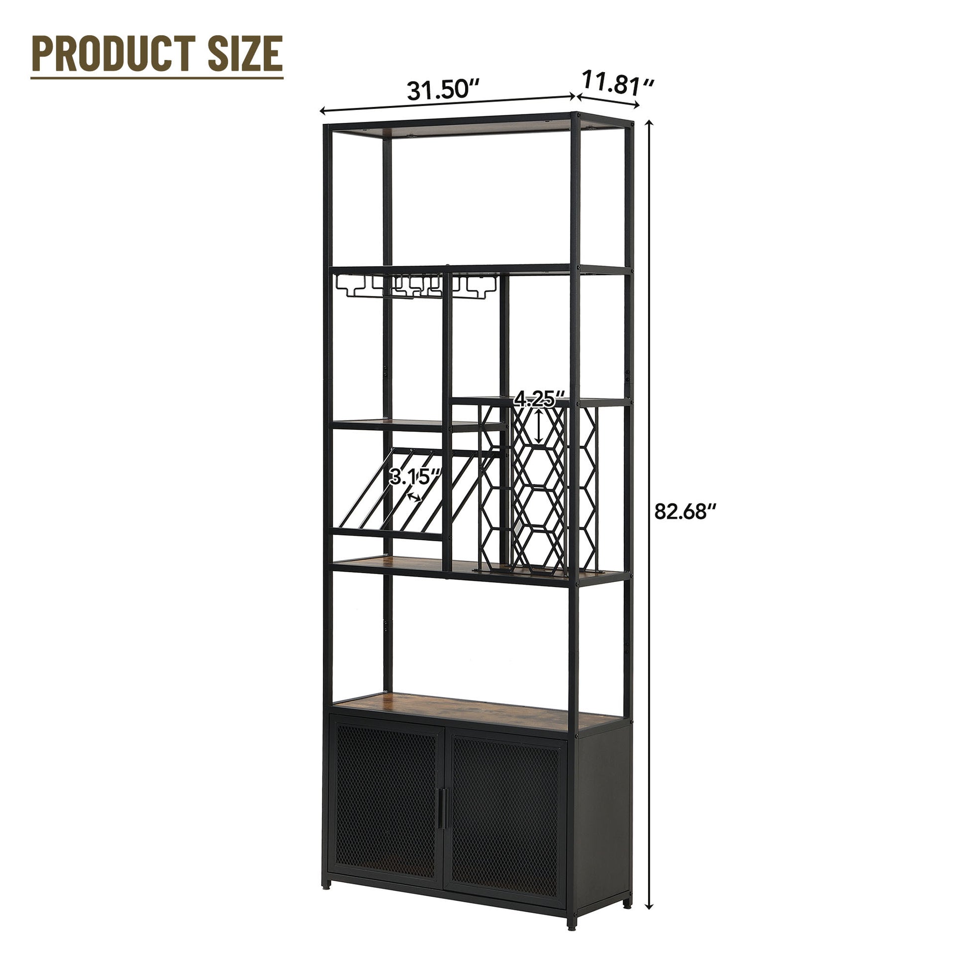 82.7" Industrial Standing Wine Rack With Glass Rack Tall Freestanding Floor Bar Cabinet Walnut Black Dining Room Industrial Mdf Metal