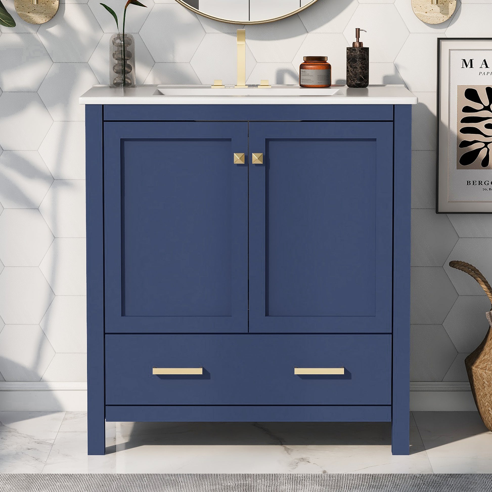 30" Blue Bathroom Vanity With Single Sink, Combo Cabinet Undermount Sink, Bathroom Storage Cabinet With 2 Doors And A Drawer, Soft Closing, Multifunctional Storage, Solid Wood Frame Blue Bathroom Solid Wood Mdf