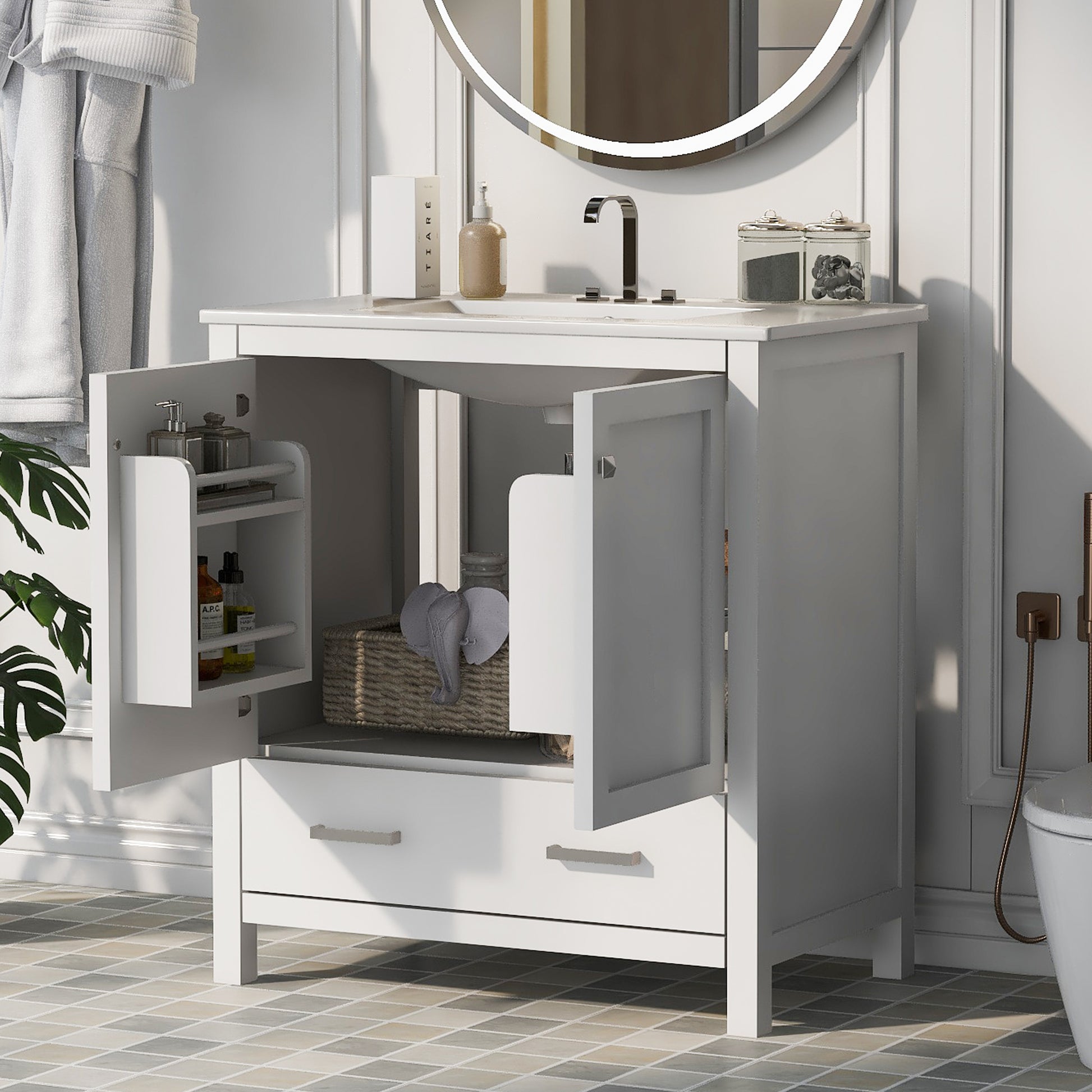 30" White Bathroom Vanity With Single Sink, Combo Cabinet Undermount Sink, Bathroom Storage Cabinet With 2 Doors And A Drawer, Soft Closing, Multifunctional Storage, Solid Wood Frame White Bathroom Solid Wood Mdf