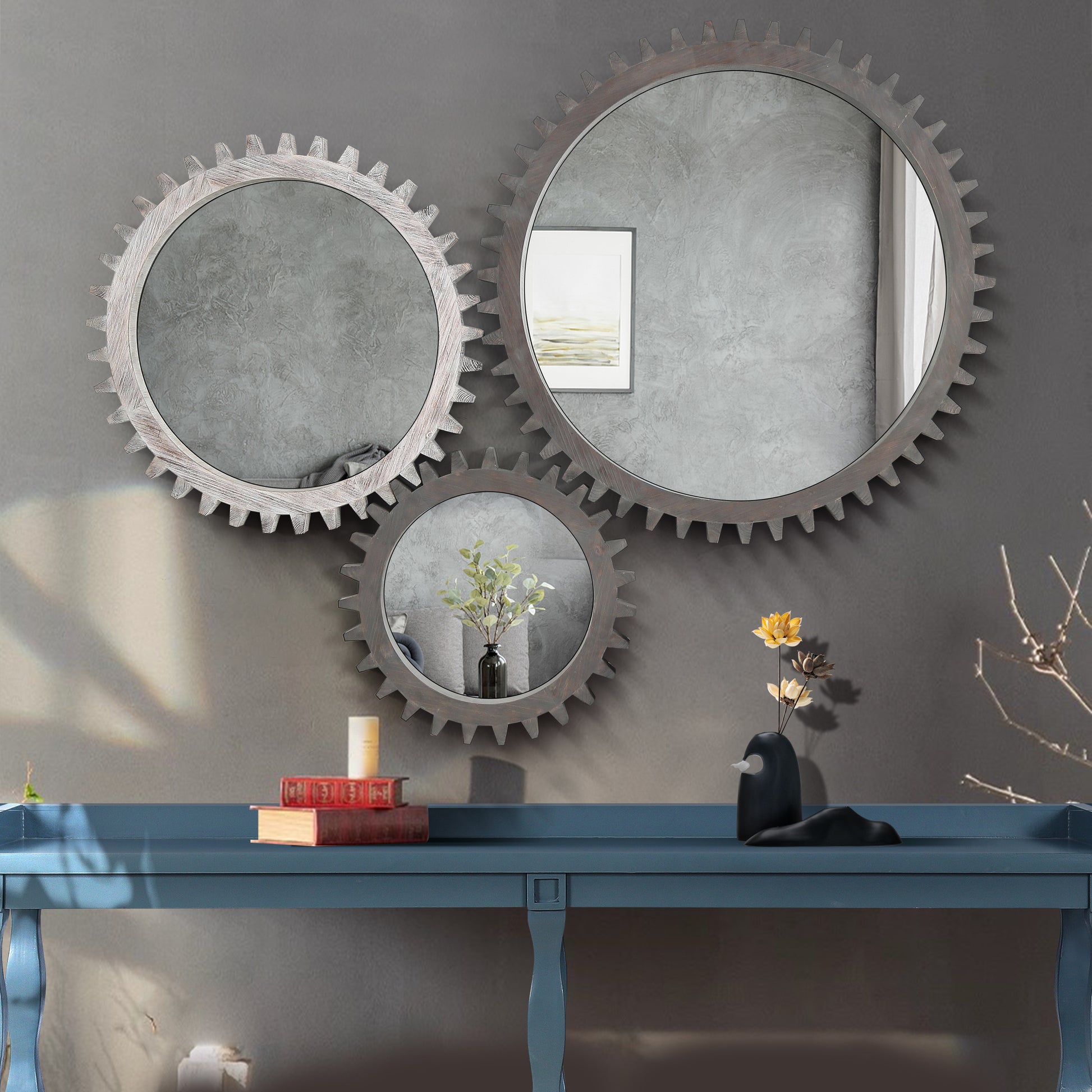 Vintage 17'' X 17'' Wood Round Hanging Gear Shape Decorative Mirror Patchwork Effect With Large Size Mirrors Individually On Art Walls,Sold Individually Antique Dark Brown Dark Brown American Design Mdf Glass Mirror