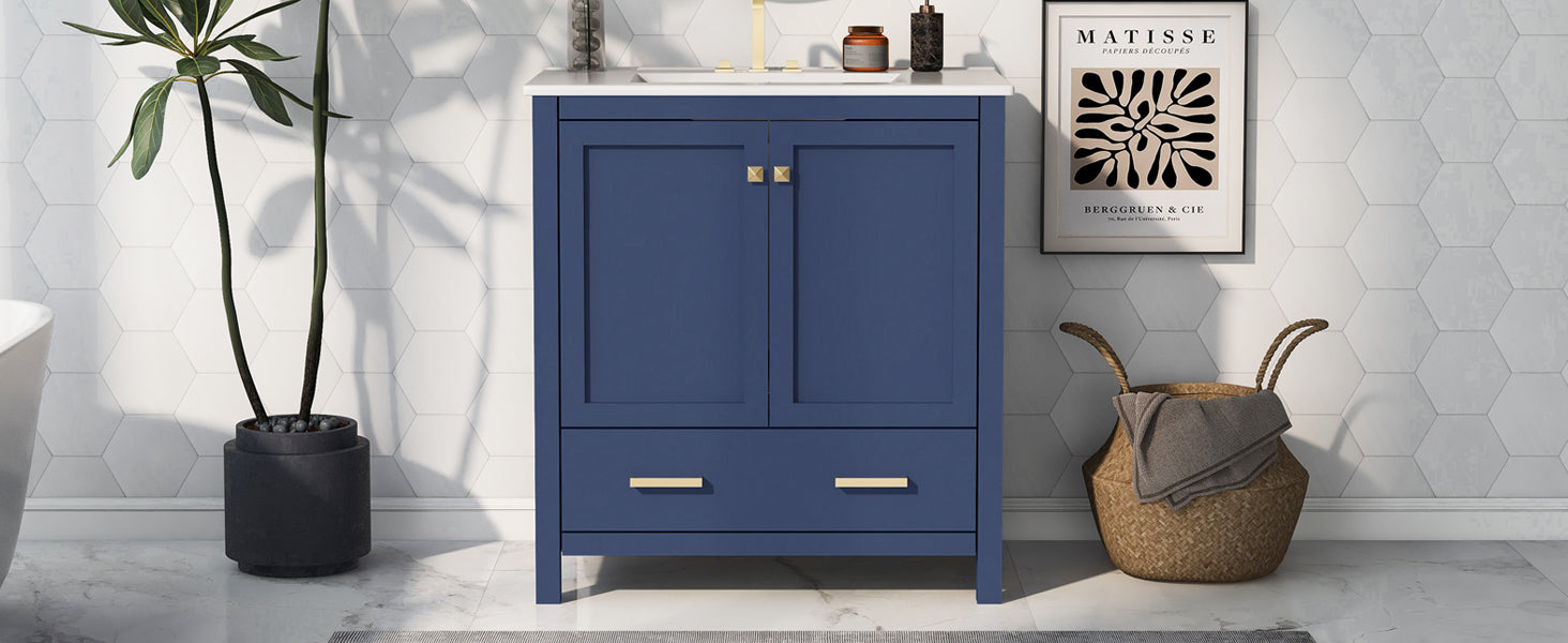 30" Blue Bathroom Vanity With Single Sink, Combo Cabinet Undermount Sink, Bathroom Storage Cabinet With 2 Doors And A Drawer, Soft Closing, Multifunctional Storage, Solid Wood Frame Blue Bathroom Solid Wood Mdf