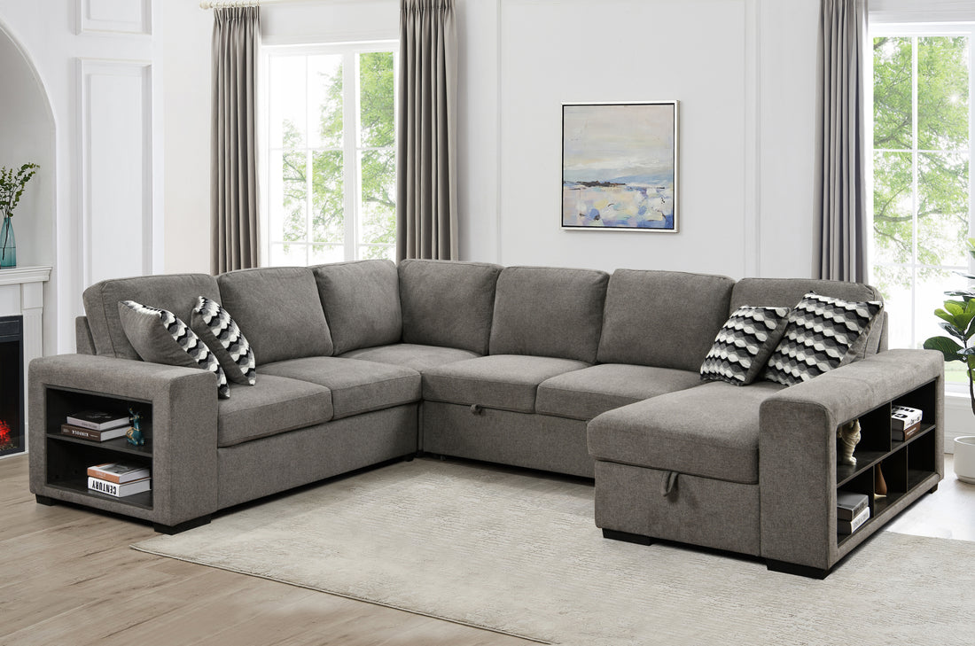 125'' Modern U Shaped 7 Seat Sectional Sofa Couch With Cabinet,Sofa Bed With Storage Chaise Pull Out Couch Bed For Living Room,Light Gray Light Brown Wood Primary Living Space Medium Duty Eucalyptus 7 Seat Light Gray Polyester Soft Pillow Back Modern