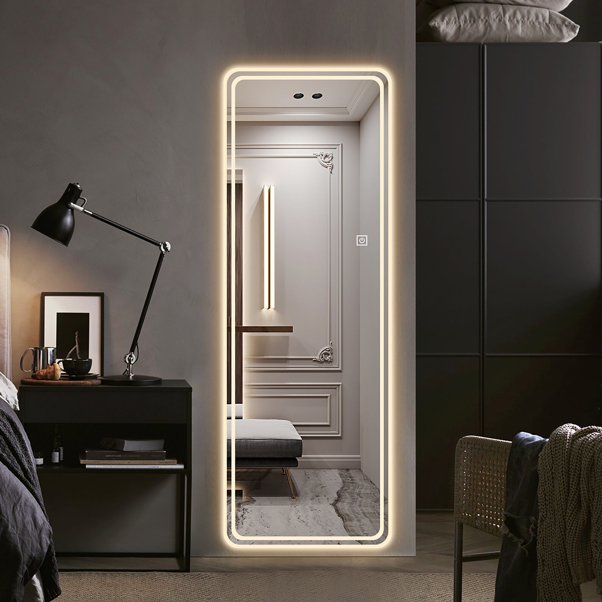 65"X24" Full Length Floor Mirror Led Whole Body Mirror, Wall Mounted Hanging Mirror With Lights, Makeup Vanity Mirror, Bedroom Full Size Body Mirror With Dimming & 3 Color Modes Clear Glass