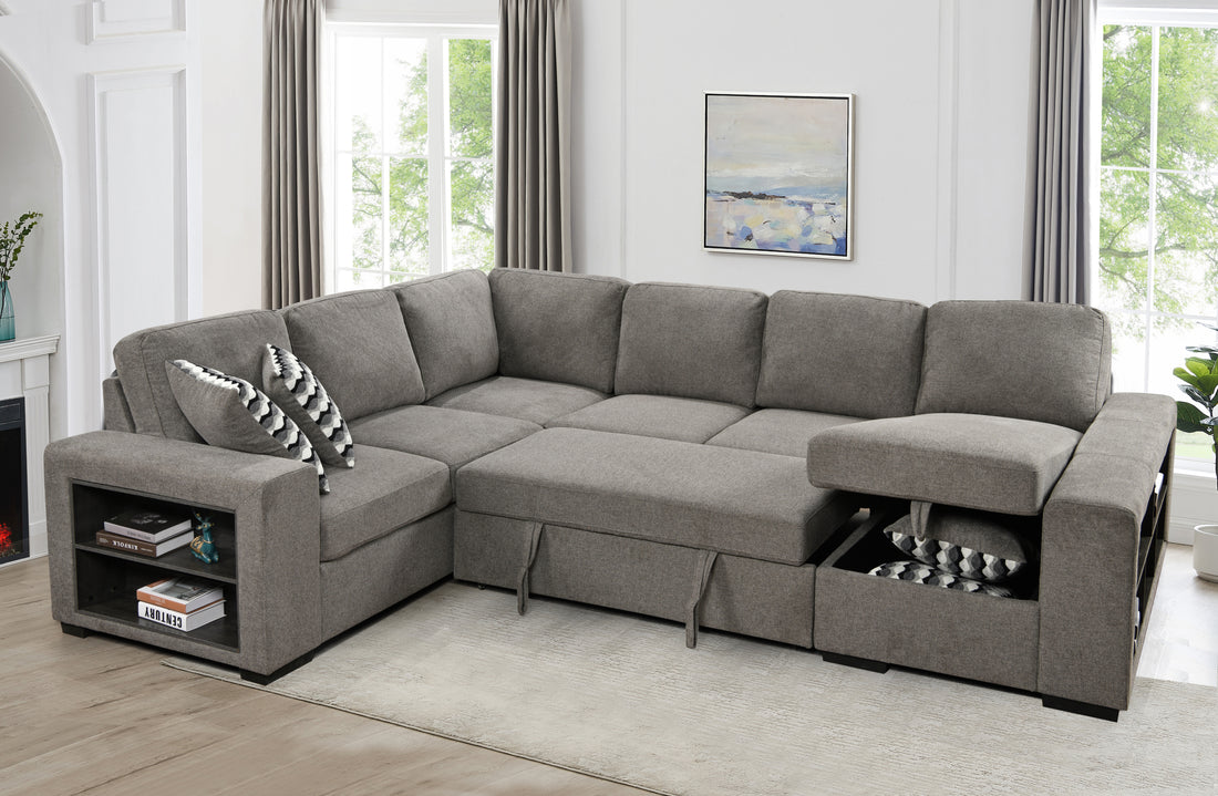 125'' Modern U Shaped 7 Seat Sectional Sofa Couch With Cabinet,Sofa Bed With Storage Chaise Pull Out Couch Bed For Living Room,Light Gray Light Brown Wood Primary Living Space Medium Duty Eucalyptus 7 Seat Light Gray Polyester Soft Pillow Back Modern