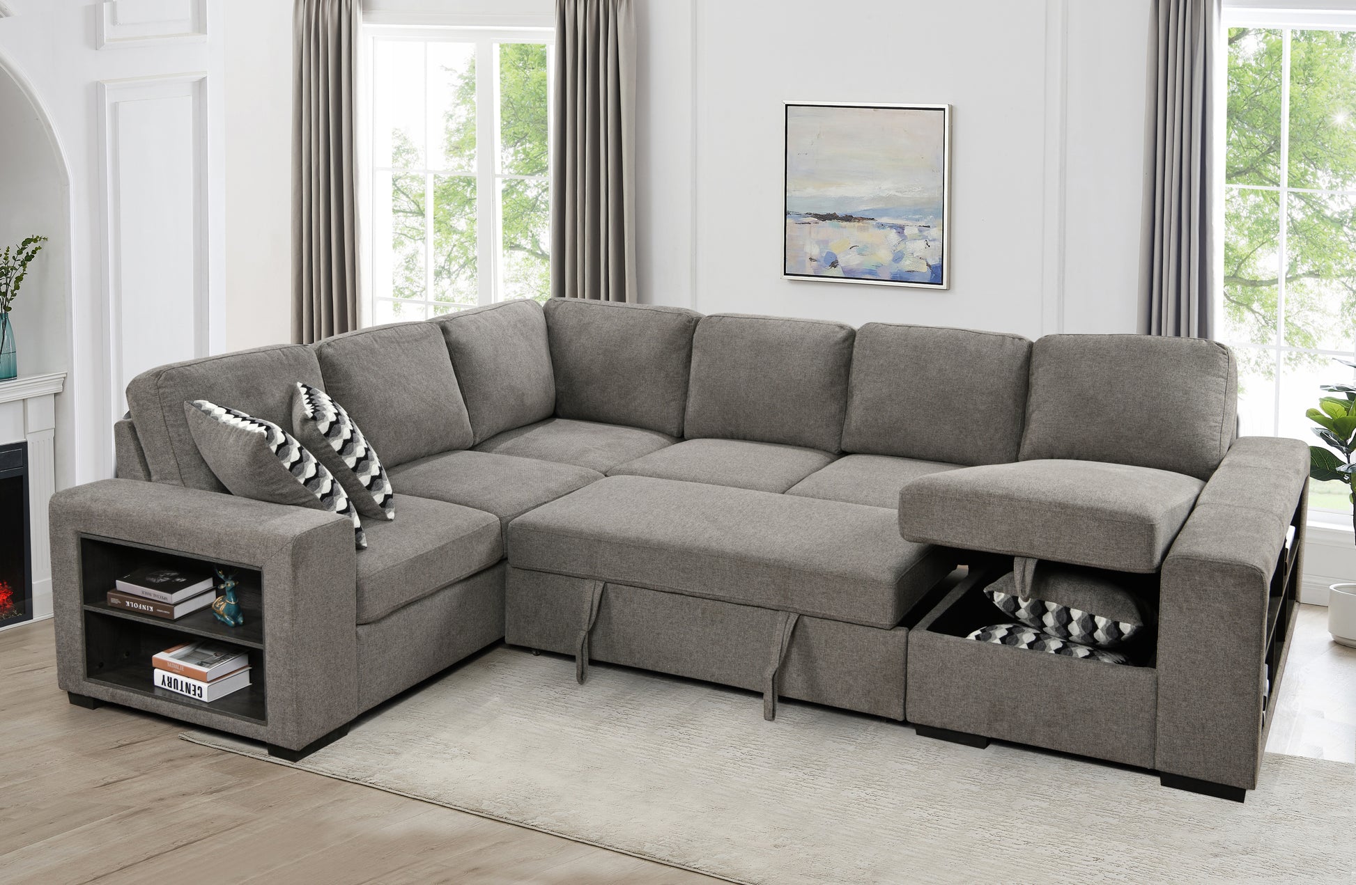 125'' Modern U Shaped 7 Seat Sectional Sofa Couch With Cabinet,Sofa Bed With Storage Chaise Pull Out Couch Bed For Living Room,Light Gray Light Brown Wood Primary Living Space Medium Duty Eucalyptus 7 Seat Light Gray Polyester Soft Pillow Back Modern