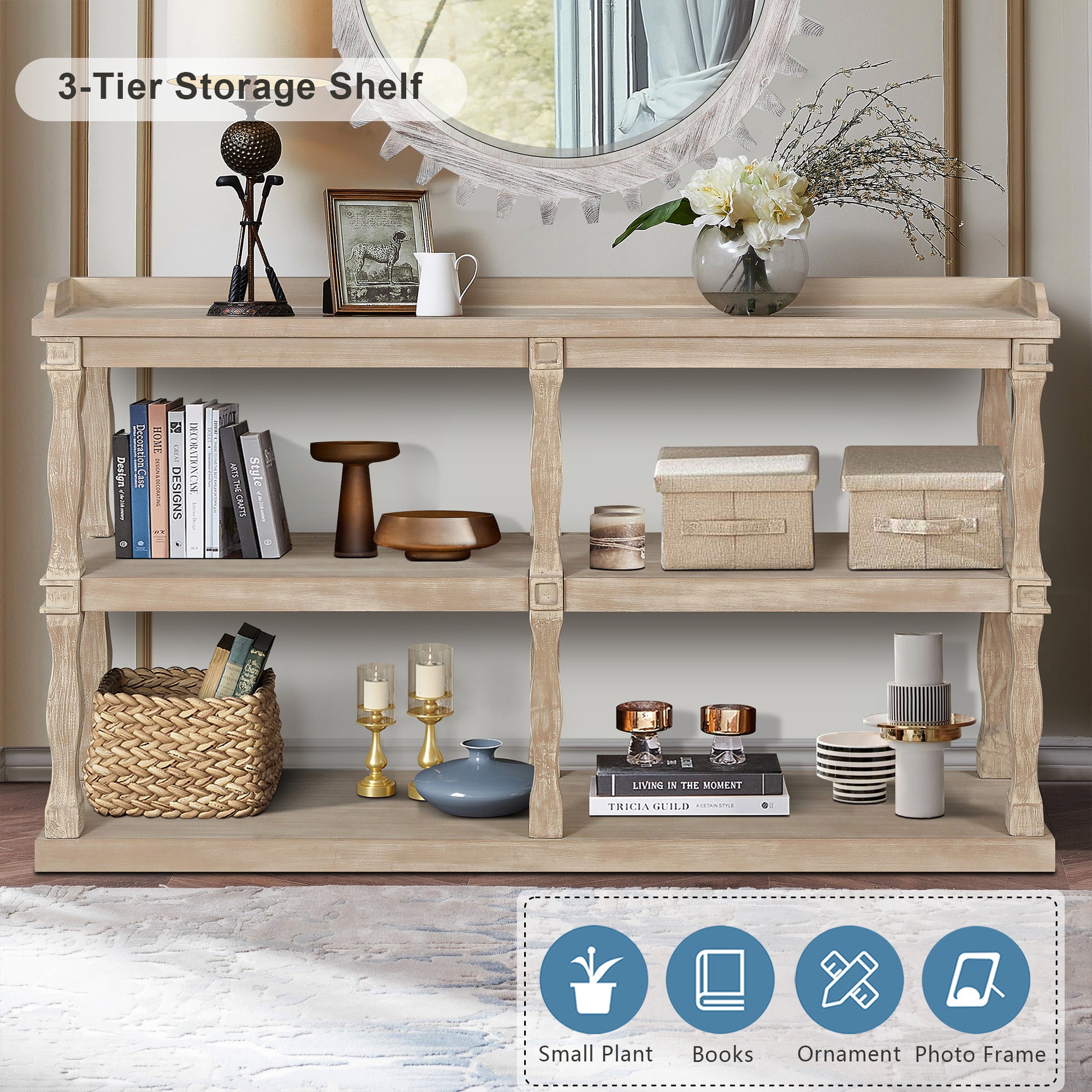 Console Table With Tier Open Storage Spaces And Roman Column Effect