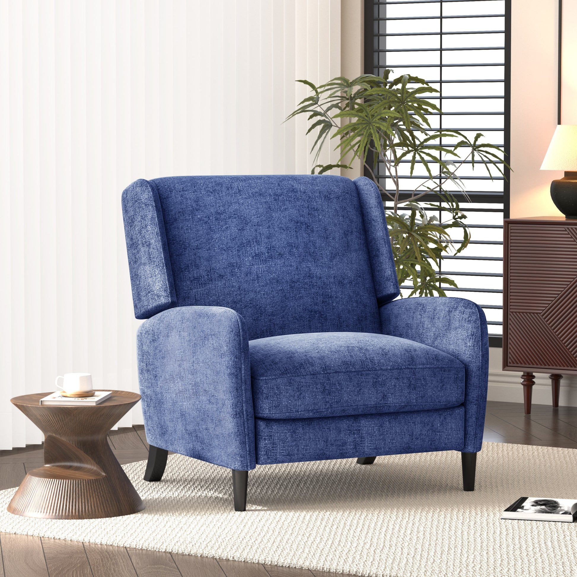 Oversized Textured Fabric Pushback Recliner, Navy Blue And Dark Brown Navy Blue Fabric