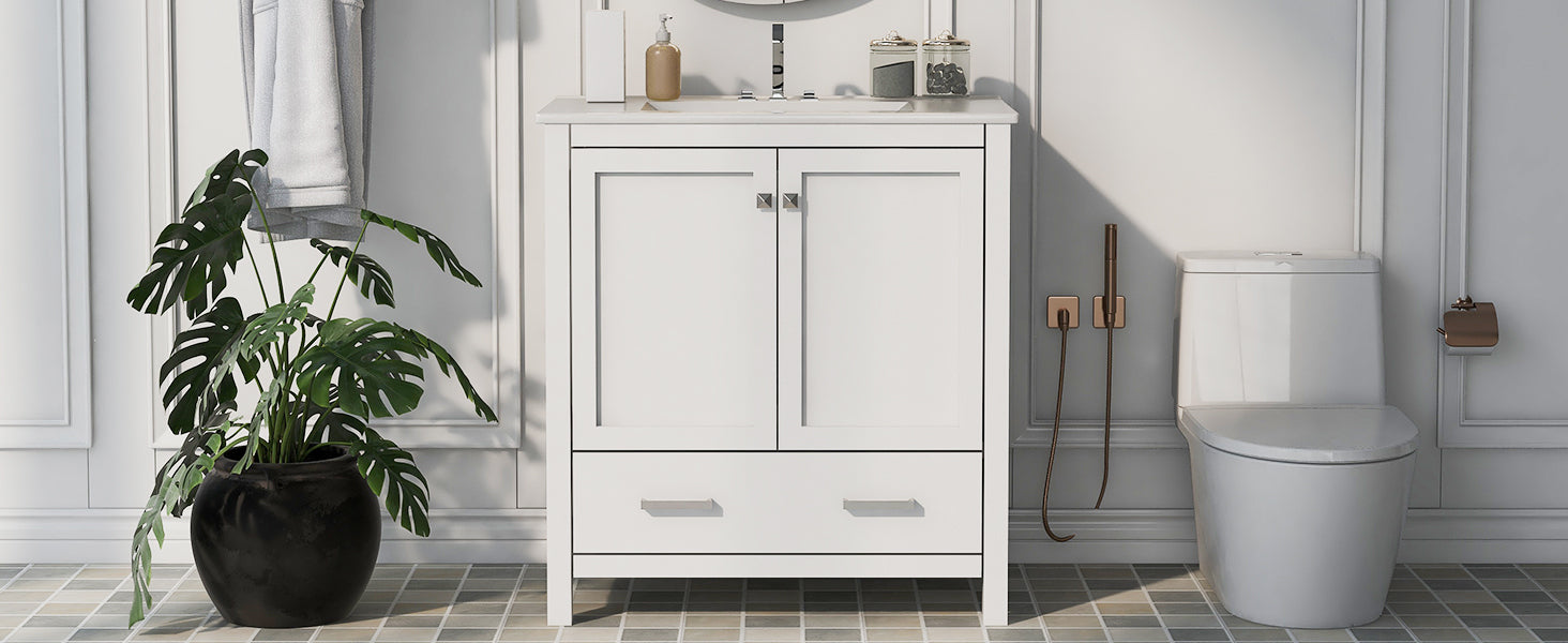 30" White Bathroom Vanity With Single Sink, Combo Cabinet Undermount Sink, Bathroom Storage Cabinet With 2 Doors And A Drawer, Soft Closing, Multifunctional Storage, Solid Wood Frame White Bathroom Solid Wood Mdf