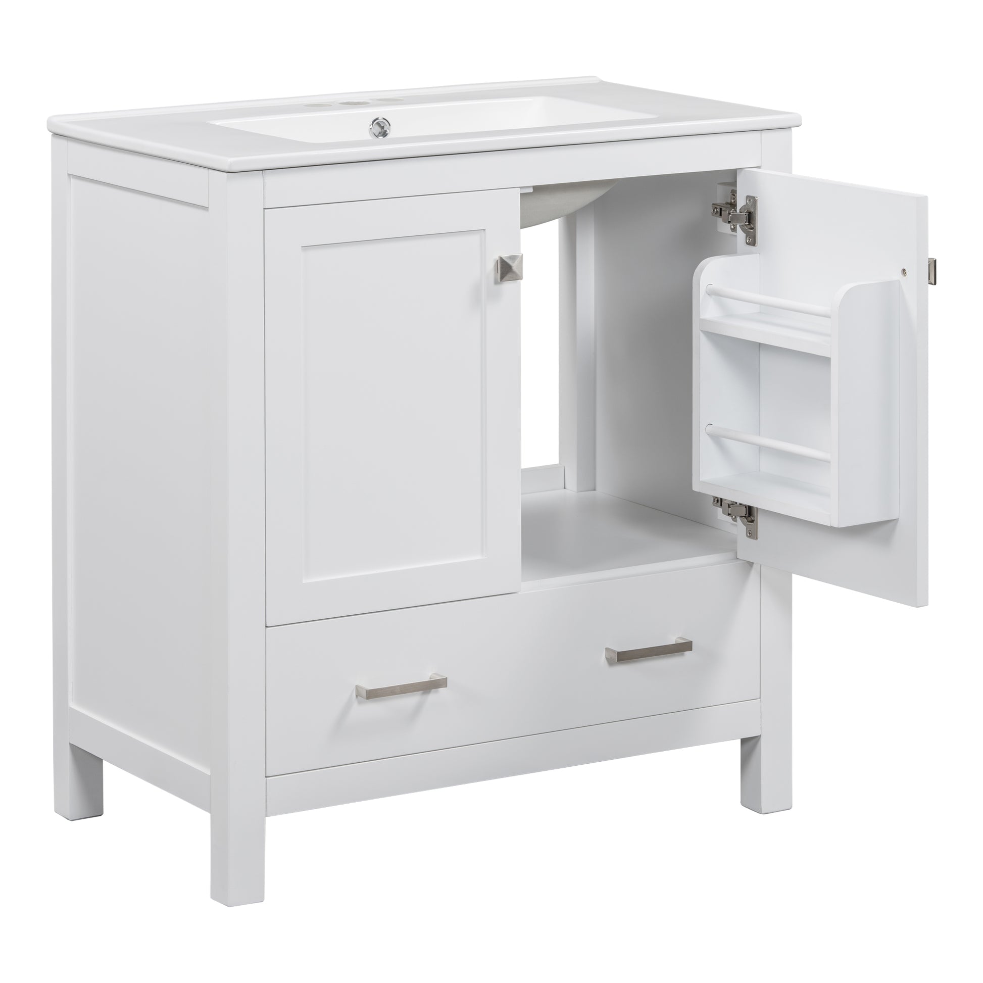 30" White Bathroom Vanity With Single Sink, Combo Cabinet Undermount Sink, Bathroom Storage Cabinet With 2 Doors And A Drawer, Soft Closing, Multifunctional Storage, Solid Wood Frame White Bathroom Solid Wood Mdf