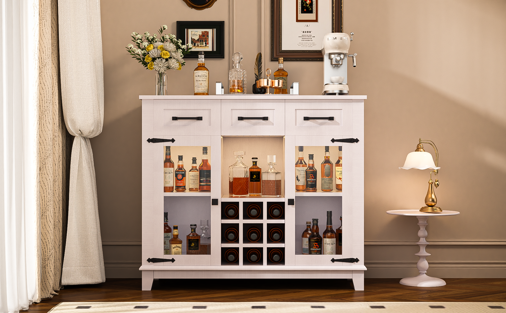 42" Modern Farmhouse Sideboard Buffet Coffee Bar Cabinet Storage Cabinet With Led Charging Station, Wine & Glass Rack,3 Drawers, For Kitchen, Dining Room, Living Room Antique White White Classic Mdf