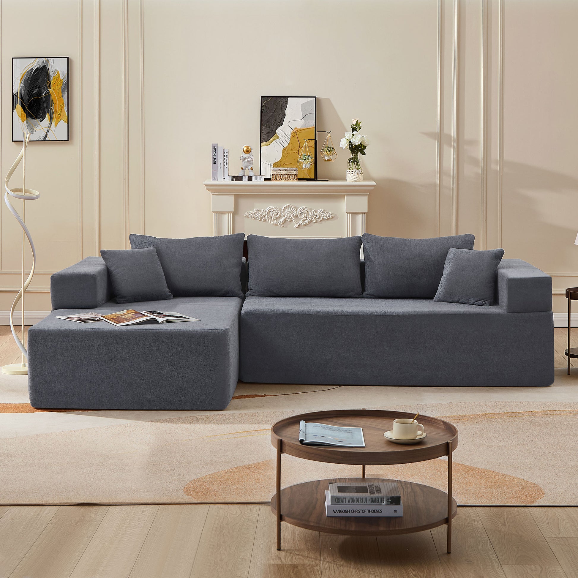 L Shape Modular Sectional Living Room Sofa Set Upholstered Sleeper Sofa For Living Room,16.53 Inch Cushion Heightening, 2 Pc Free Combination,Grey Grey Fabric 3 Seat