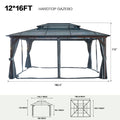 12' X 16' Hardtop Wood Gazebo For Patios, Outdoor Framed Gazebo With Polycarbonate Double Roof Canopy, Solid Wooden Framed Gazebo With Privacy Curtains And Mosquito Nettings For Garden, Backyard Black Aluminium