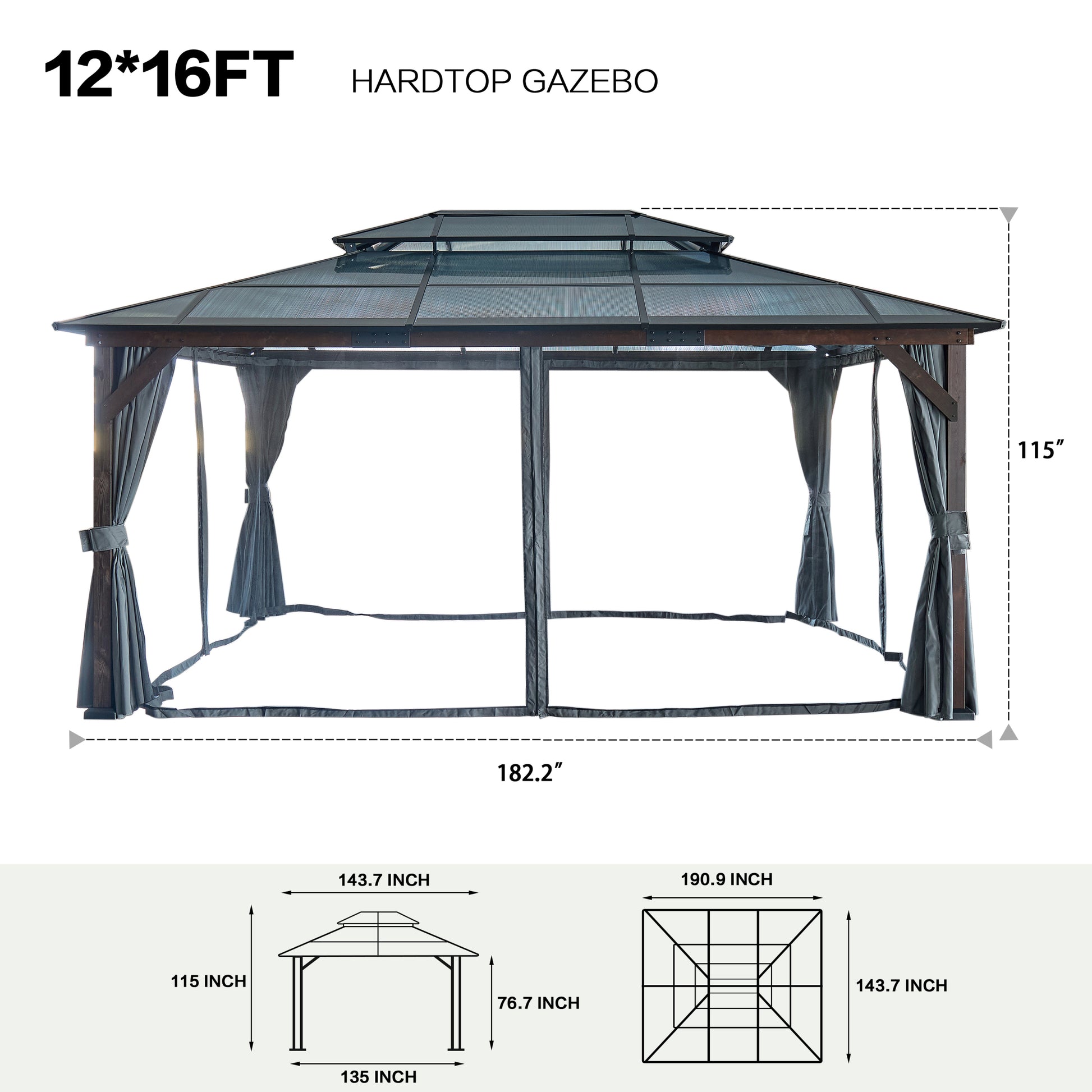 12' X 16' Hardtop Wood Gazebo For Patios, Outdoor Framed Gazebo With Polycarbonate Double Roof Canopy, Solid Wooden Framed Gazebo With Privacy Curtains And Mosquito Nettings For Garden, Backyard Black Aluminium