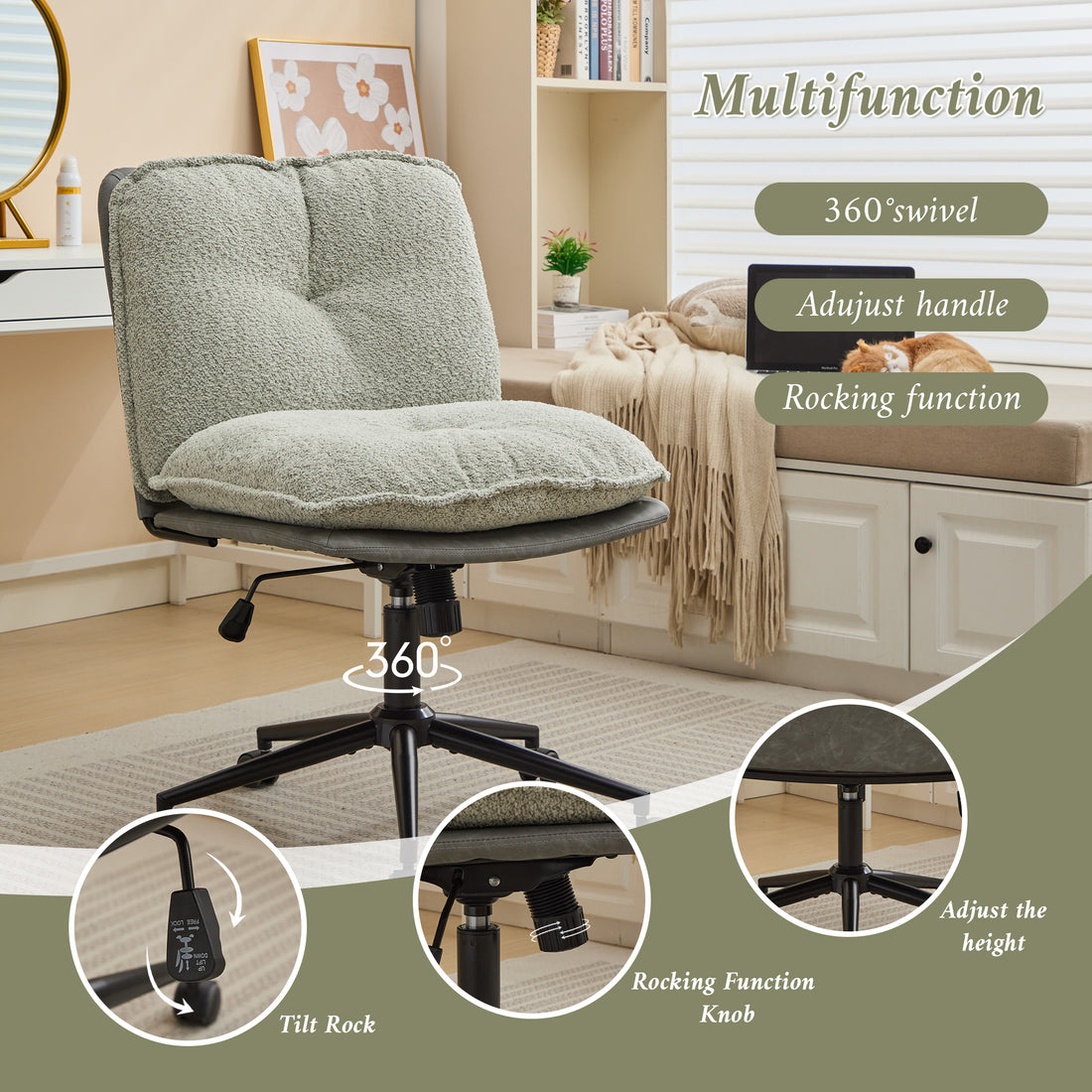 Oversize Seat Cirss Cross Chair With Wheels, Elegant Design Computer Chair, Adjustable Height 360 Rolling Swivel Home Office Chair For Small Space, Dressing Room, Living Room Gray Green Gray Primary Living Space Casual Foam Pu Leather