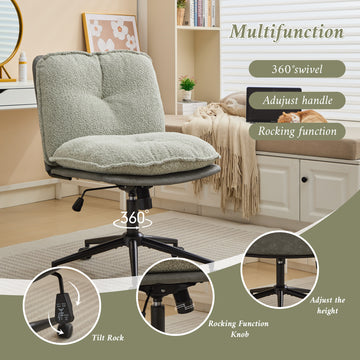 Oversize Seat Cirss Cross Chair With Wheels, Elegant Design Computer Chair, Adjustable Height 360 Rolling Swivel Home Office Chair For Small Space, Dressing Room, Living Room Gray Green Gray Primary Living Space Casual Foam Pu Leather