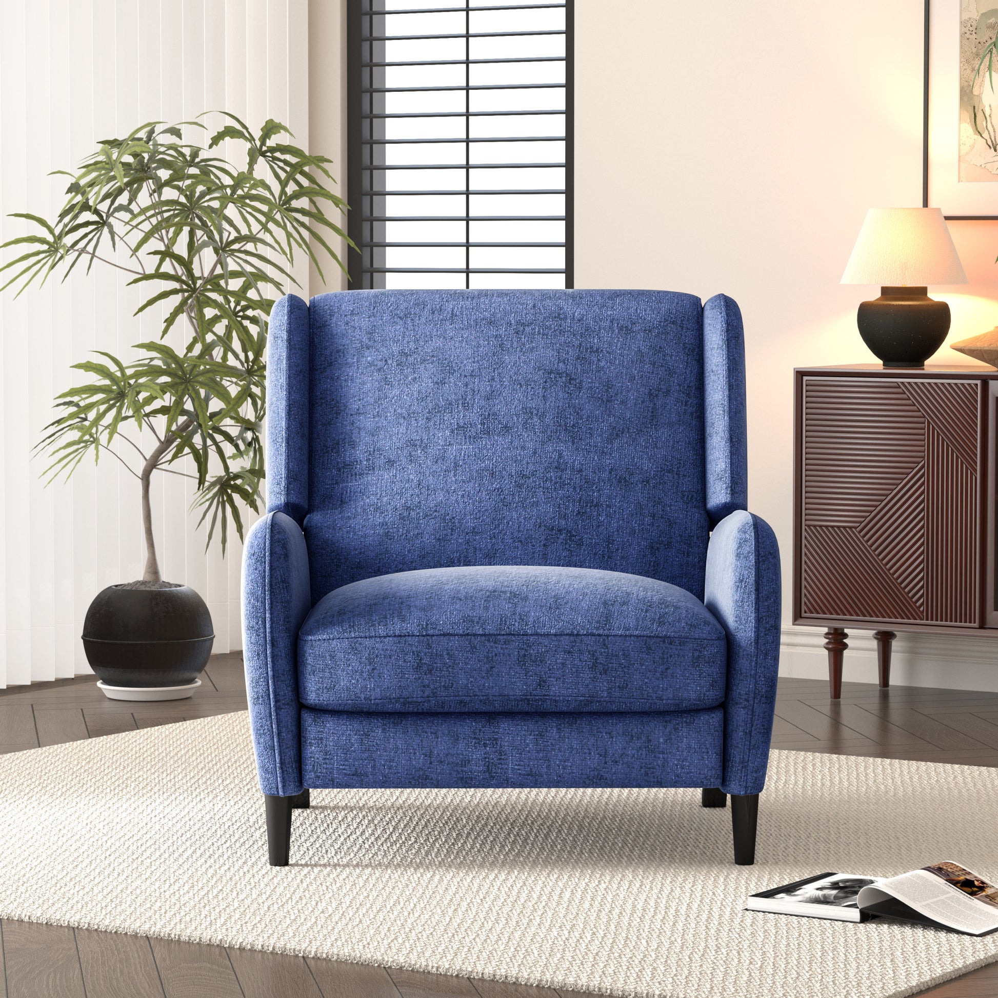 Oversized Textured Fabric Pushback Recliner, Navy Blue And Dark Brown Navy Blue Fabric