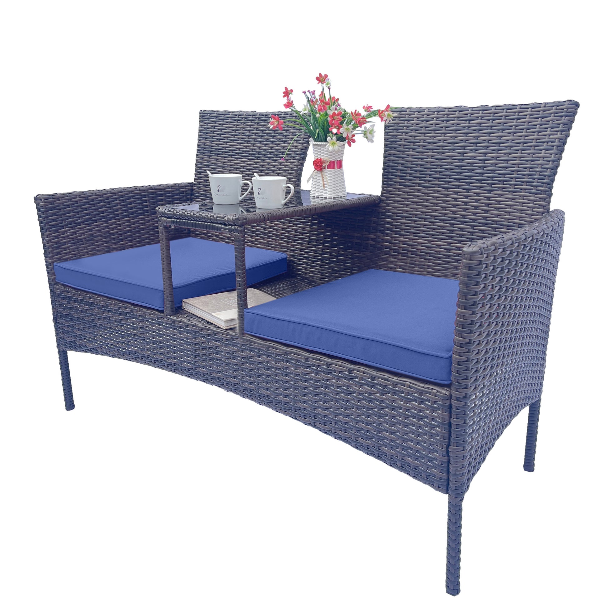 Wicker Patio Conversation Furniture Set, Outdoor Furniture Set With Removable Cushions & Table, Tempered Glass Top, Modern Rattan Bench For Garden Lawn Backyard Yes Complete Patio Set Blue Brown Weather Resistant Frame Water Resistant Cushion Garden &