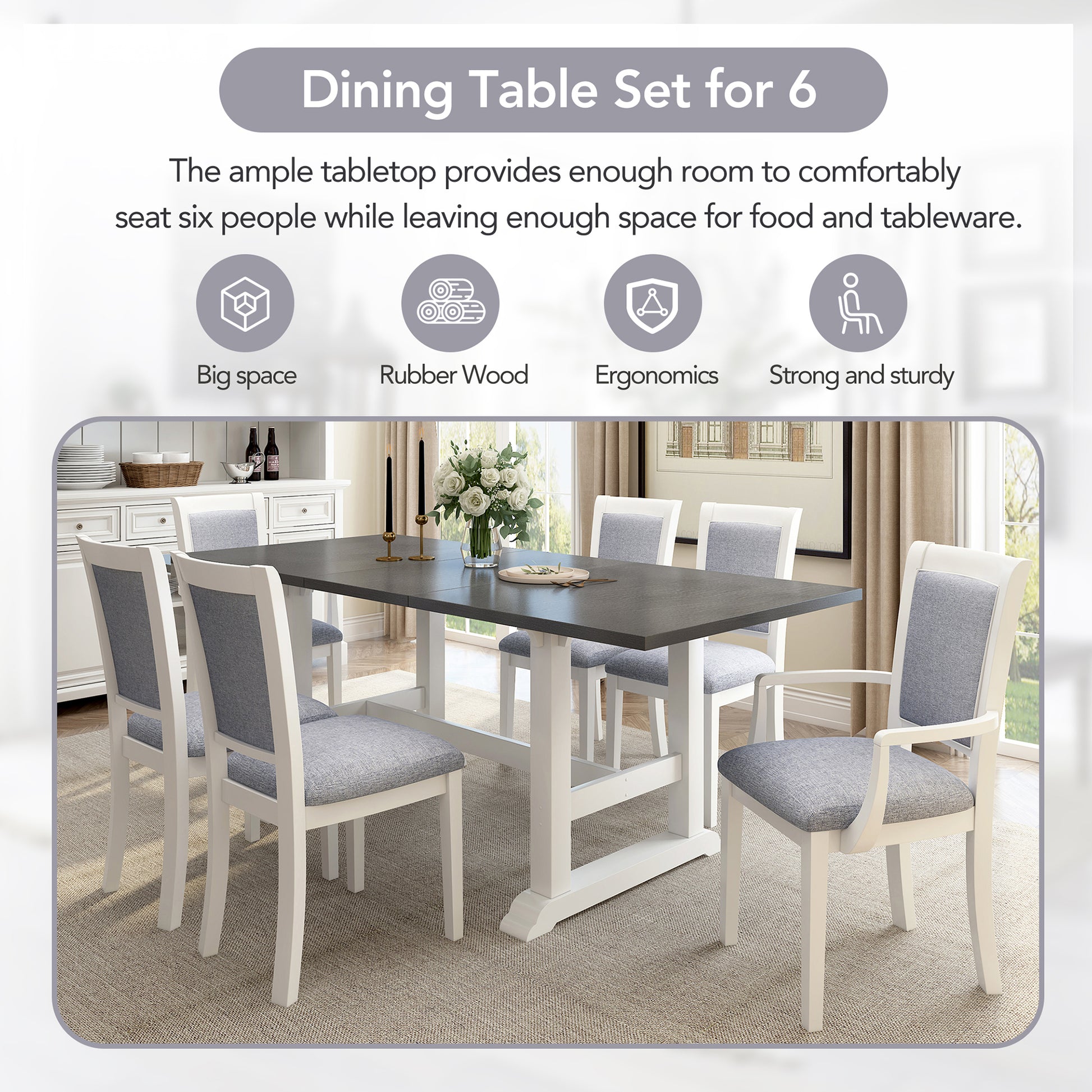 7 Piece Updated 76.9Inch Extendable Trestle Dining Table Set With Removable Leaf, Kitchen Table Set With Upholstered Side Chair And Arm Chair, Set Of 6, White White Wood Dining Room Solid Wood Rubberwood Rectangular Dining Table With Chair Upholstered