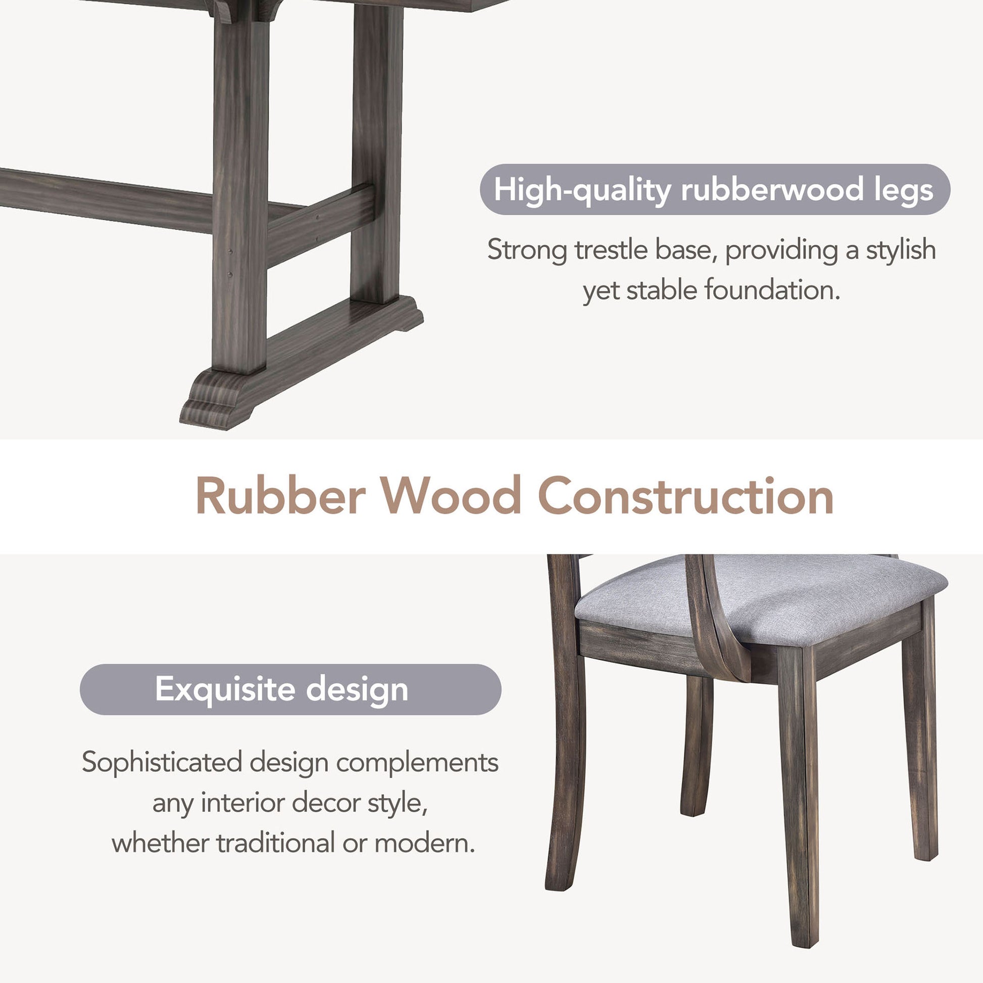 7 Piece Updated 76.9Inch Extendable Trestle Dining Table Set With Removable Leaf, Kitchen Table Set With Upholstered Side Chair And Arm Chair, Set Of 6, Grey Brown Wood Dining Room Solid Wood Rubberwood Rectangular Dining Table With Chair Upholstered